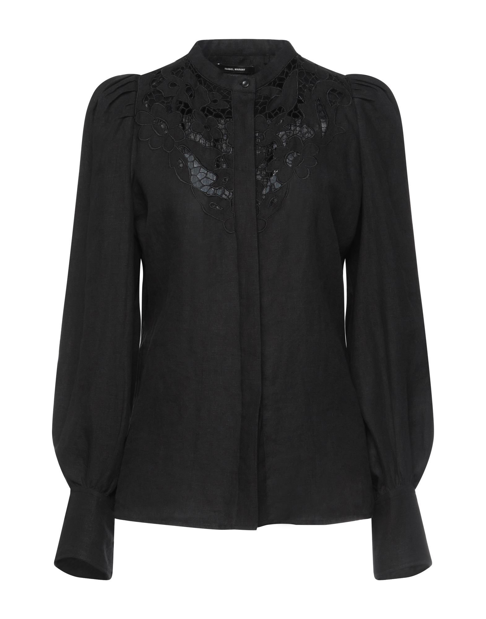 셔츠, 리넨, 솔리드 컬러, 레이스 트리밍, 스탠드 칼라, 롱 슬리브, 버튼 커프스, 히든 버튼 여밈, 손세탁, 표백 금지, 건조기 사용불가. 이미지