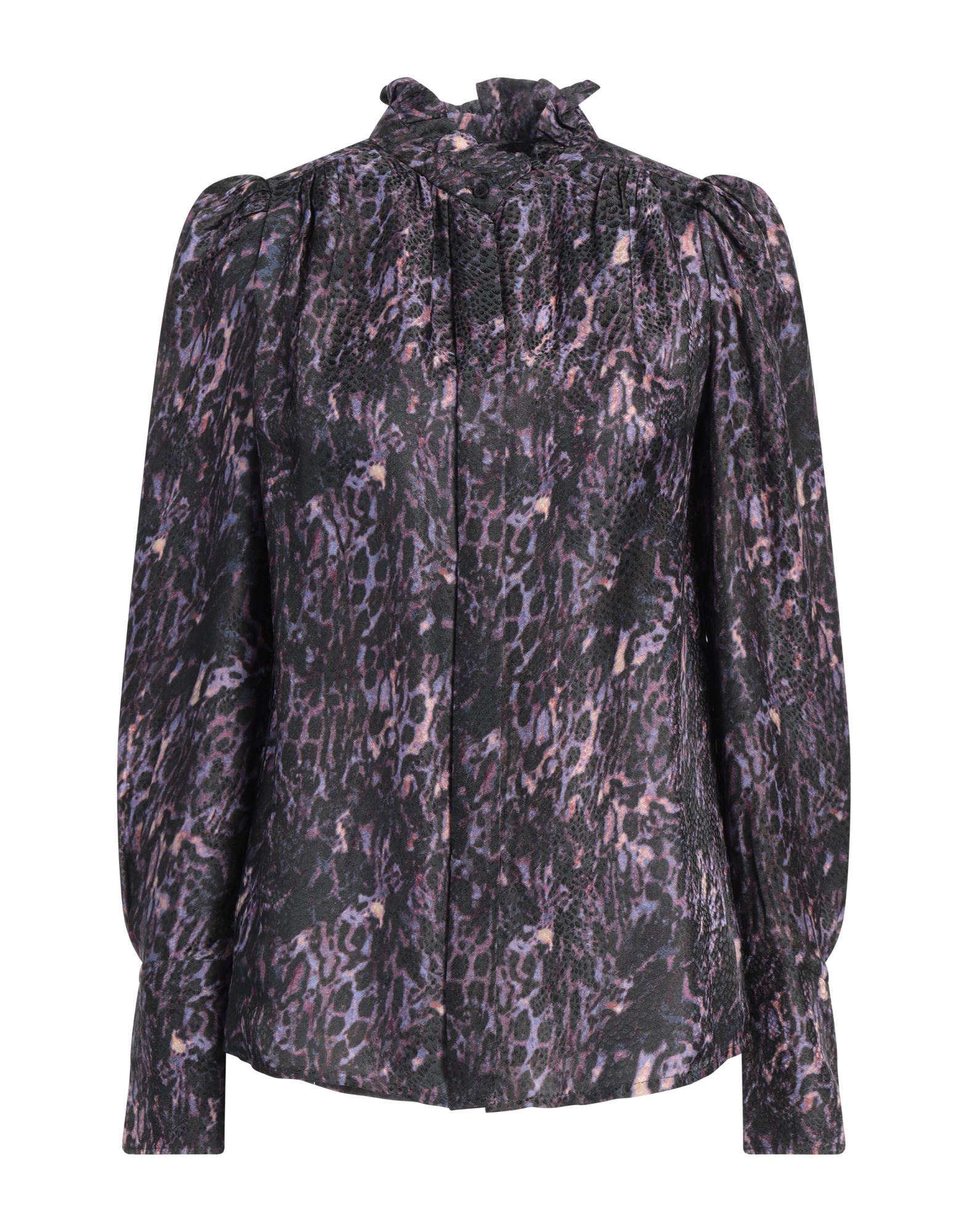 셔츠, 자카드, 레오파드 패턴, 러플, 개더 디테일, 스탠드 칼라, 롱 슬리브, 버튼 커프스, 히든 버튼 여밈, 드라이클리닝, 표백 금지, 건조기 사용불가. 이미지