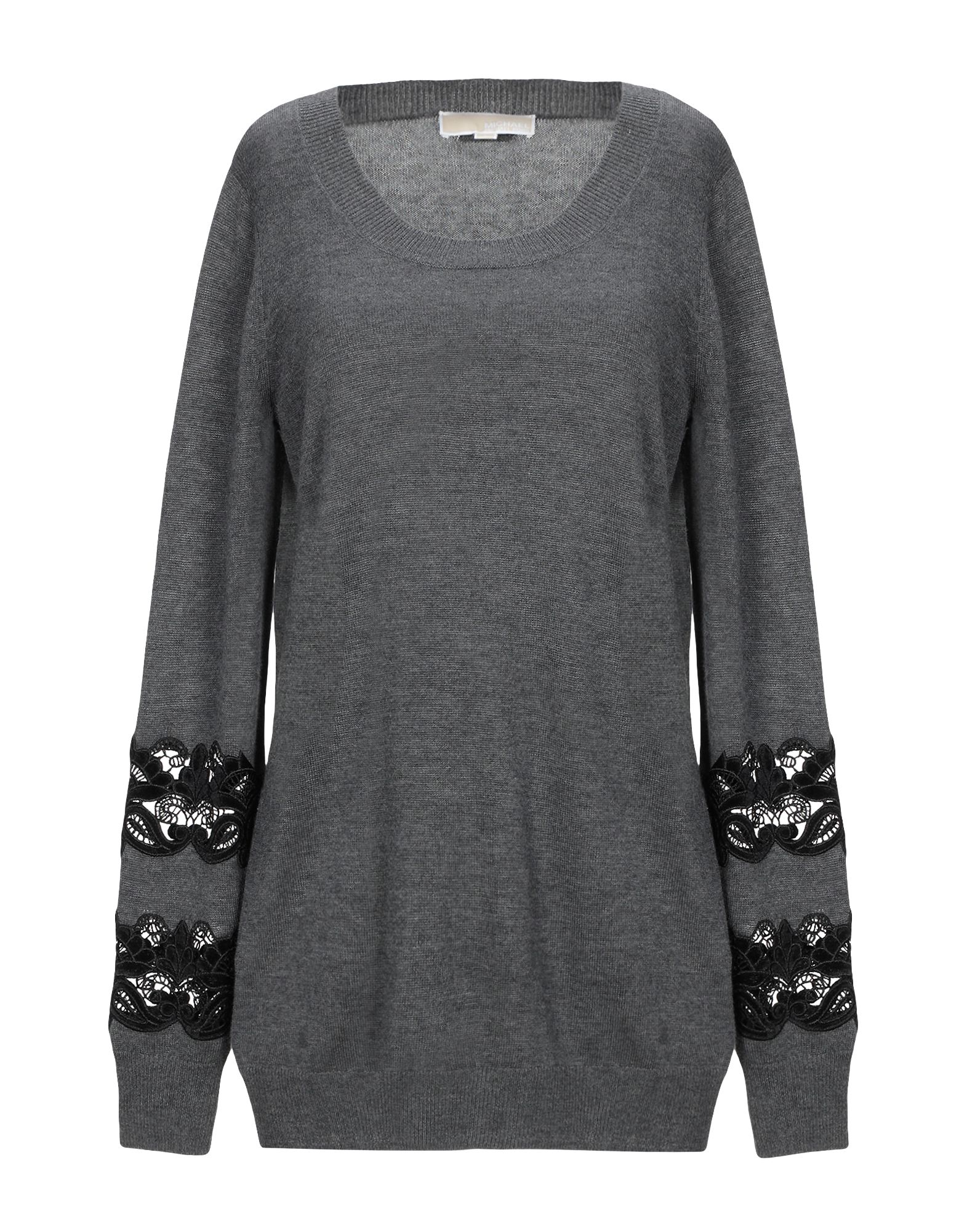 레이스, 니트 소재, 멜란지 효과, 로고, 솔리드 컬러, 라운드 네크라인, 라이트웨이트 니트, 롱 슬리브, 포켓 없음. 이미지