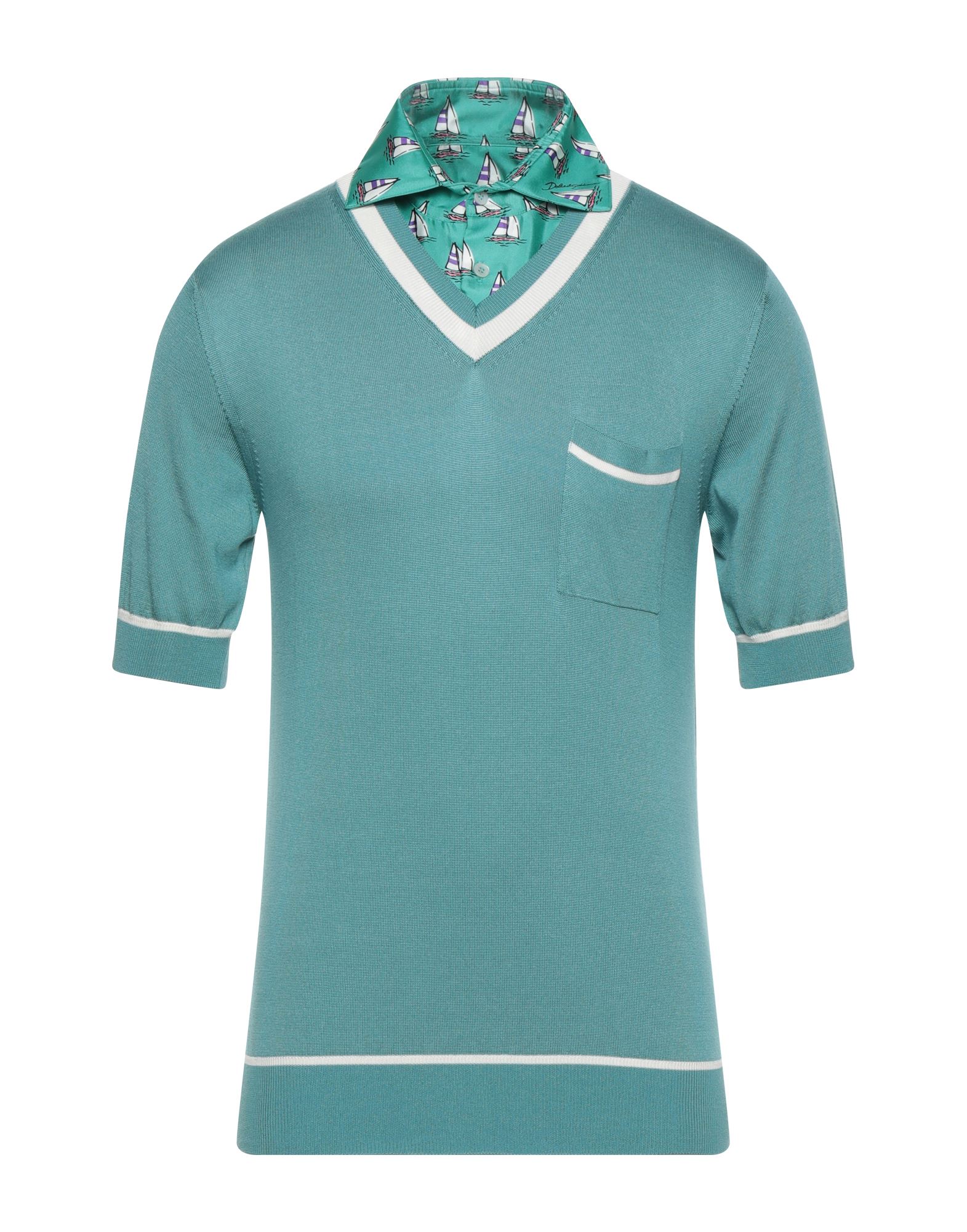 니트 소재, 라이트웨이트 니트, 새틴 트리밍, 브랜드 로고, 멀티컬러 패턴, 클래식 칼라, 쇼트 슬리브, 버튼 여밈, 포켓 1개, 드라이클리닝, 표백 금지, 건조기 사용불가, 이 브랜드는 사이즈가 크게 나옵니다. 이미지