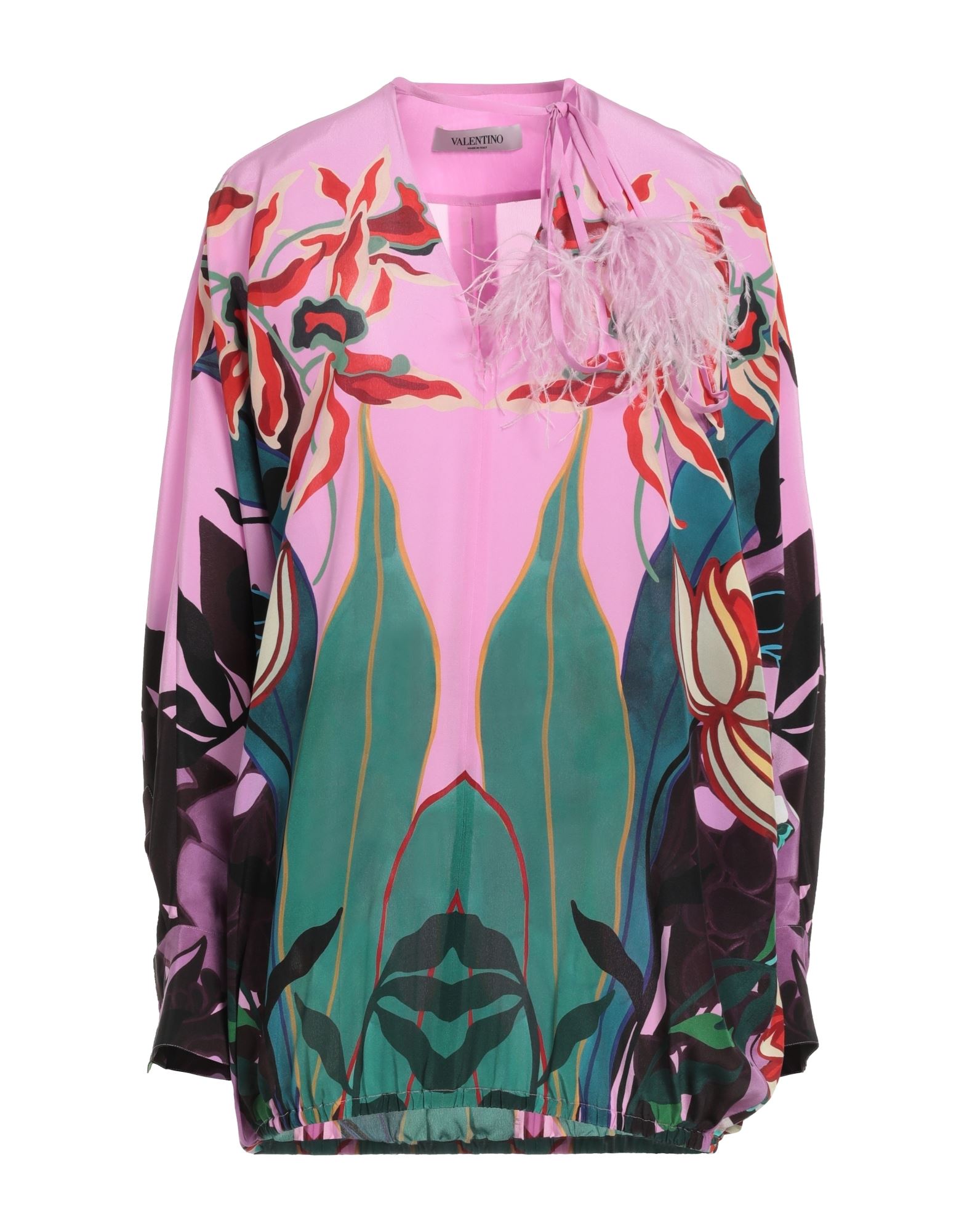 보헤미안 블라우스, 크레이프, 플로럴 모티브, 깃털, v 네크라인, 롱 슬리브, 버튼 커프스, 동물성 비섬유 자재 함유, 드라이클리닝, 건조기 사용불가. 이미지