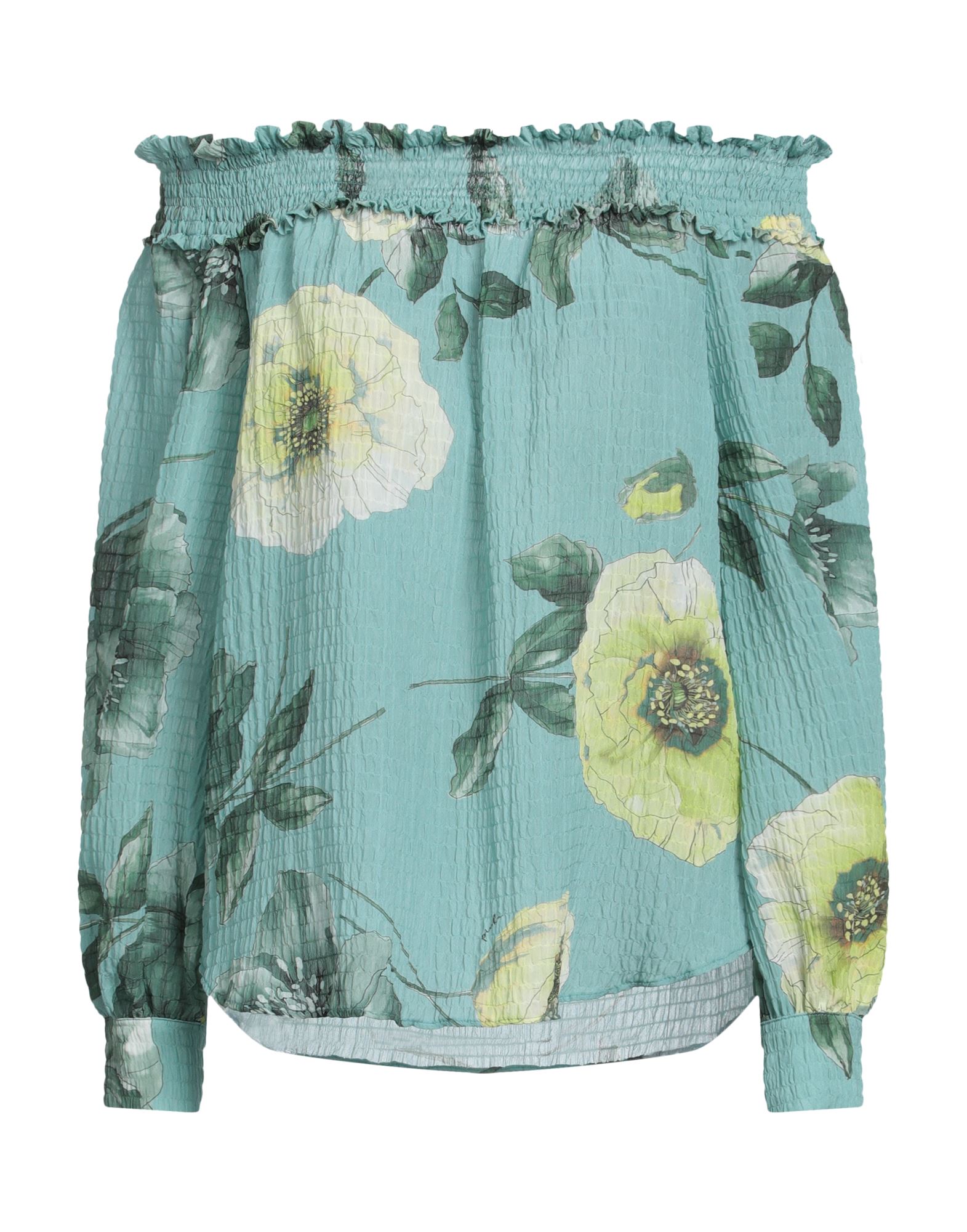 오프 더 숄더 탑, 크레이프, 플로럴 모티브, 개더 디테일, 3/4길이 슬리브. 이미지