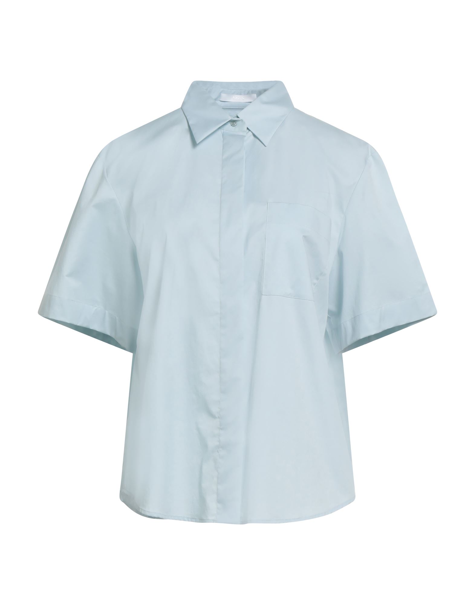 오버사이즈 셔츠, 포플린, 솔리드 컬러, 장식 부착 없음, 클래식 칼라, 쇼트 슬리브, 히든 버튼 여밈, 포켓 1개, 스트레치, 세탁기 세탁 또는 드라이클리닝, 표백 금지, 건조기 사용불가. 이미지