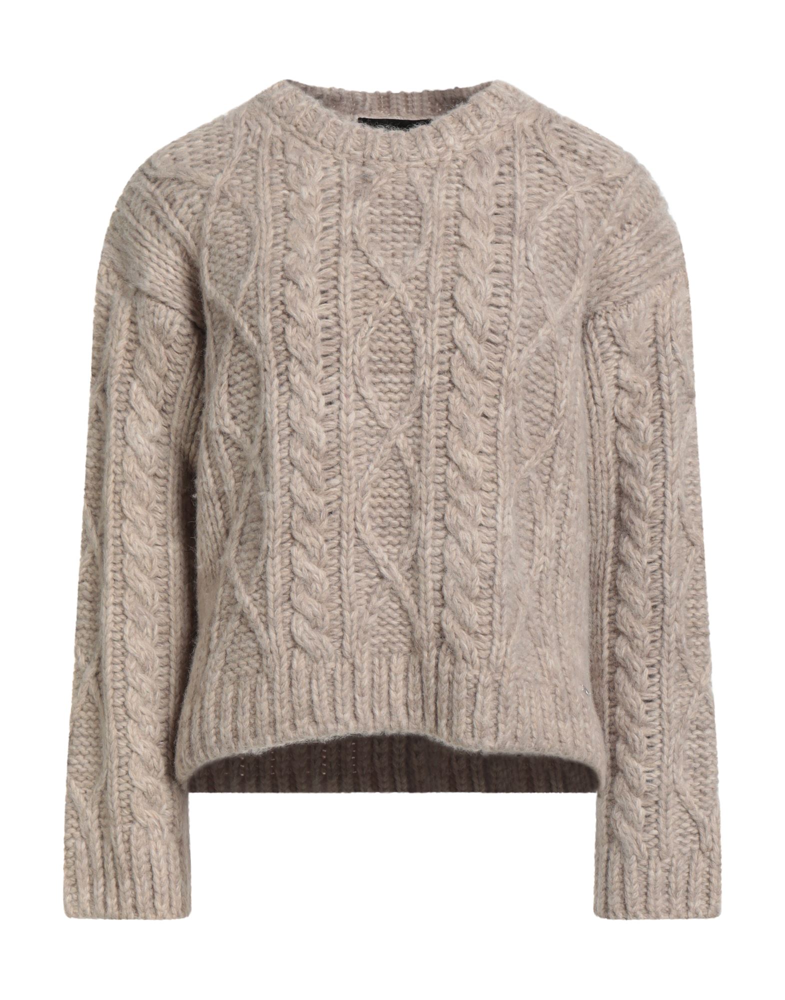 케이블 니트, 미디엄웨이트 니트, 브랜드 로고, 멜란지, 크루넥, 롱 슬리브, 물세탁 불가, 표백 금지, 건조기 사용불가. 이미지