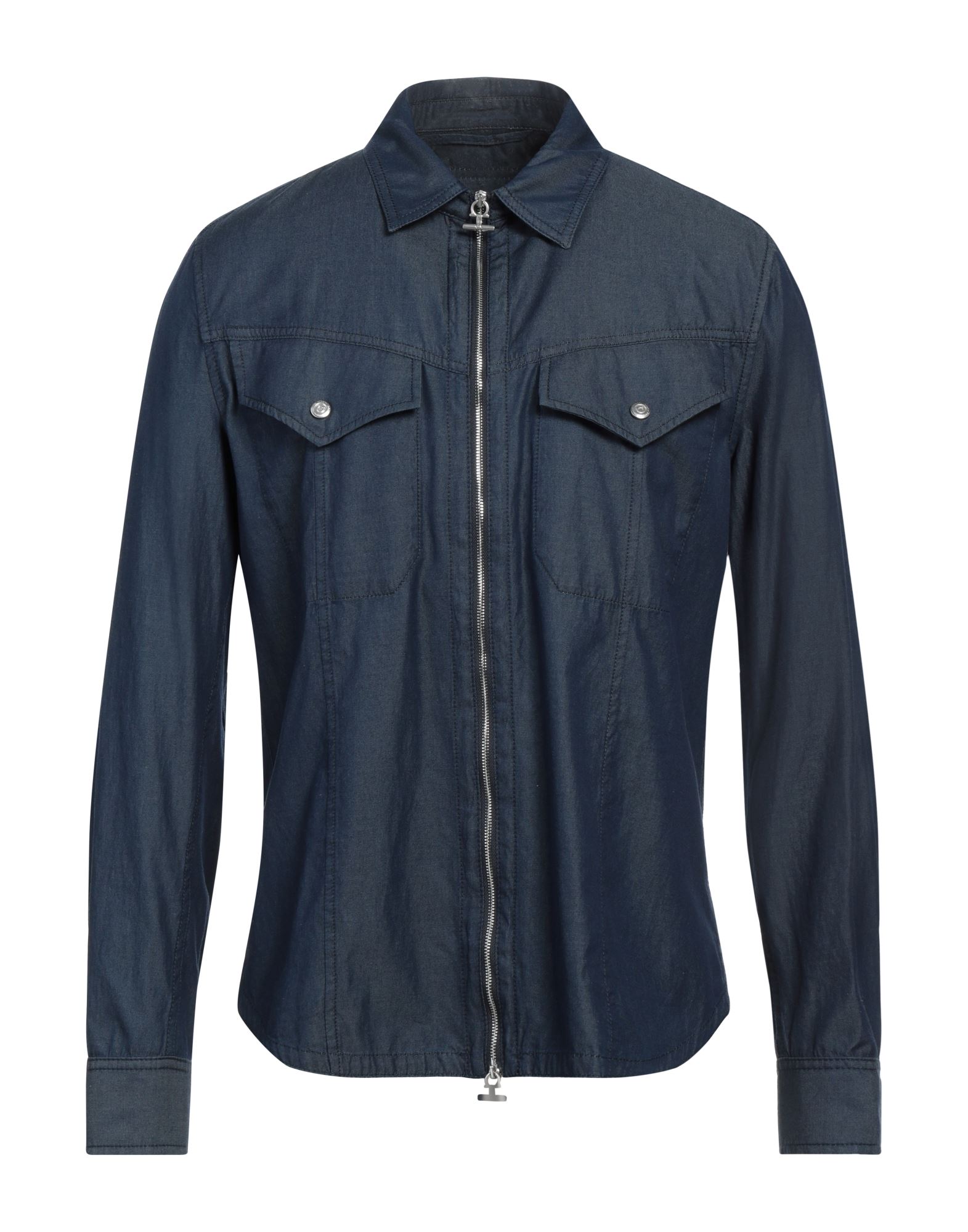 레귤러 셔츠, 샴브레이, 솔리드 컬러, 브랜드 로고, 클래식 칼라, 롱 슬리브, 지퍼 여밈, 포켓 2개. 이미지