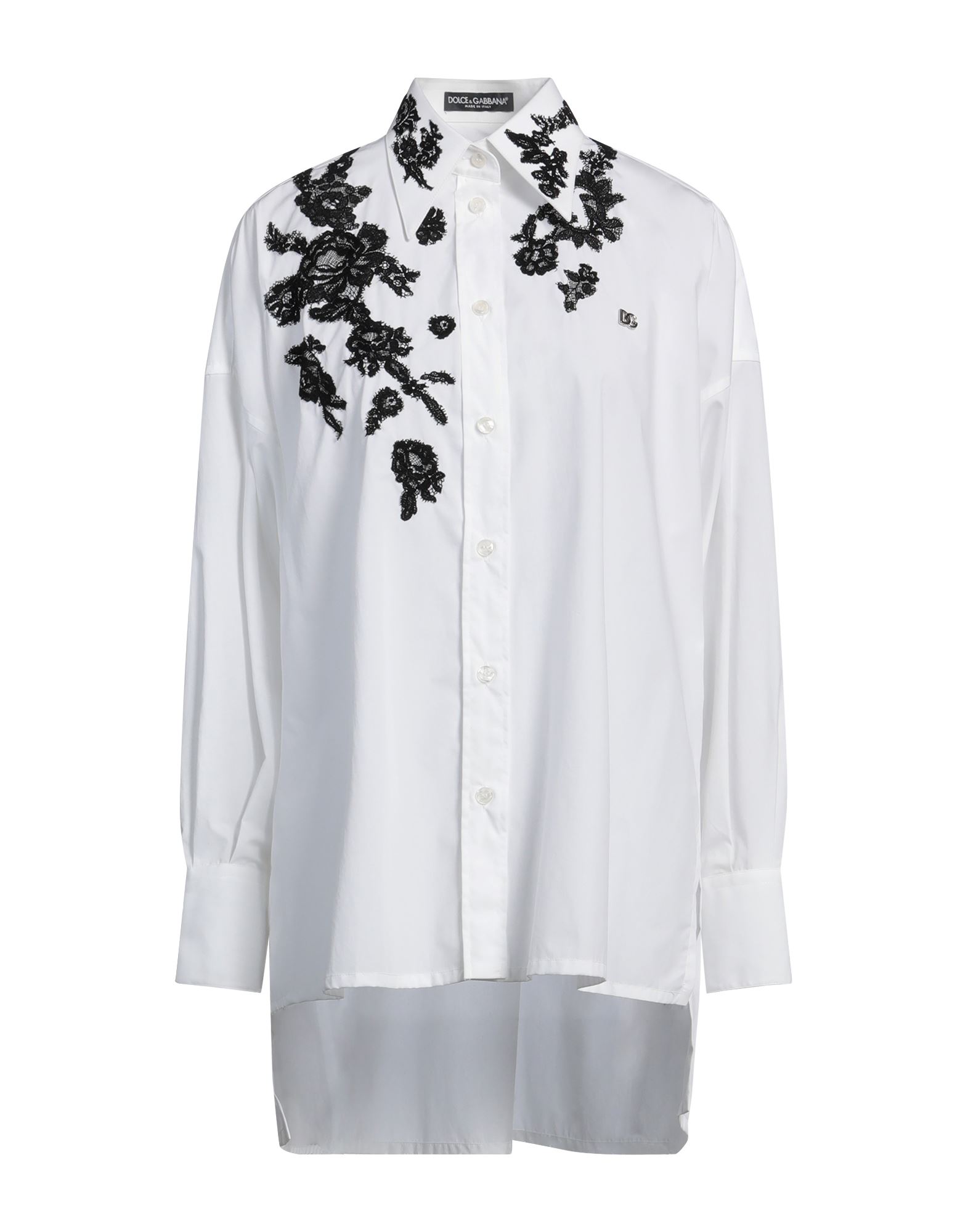 셔츠, 우븐, 레이스, 장식 디테일 솔리드 컬러, 레이스 트리밍, 브랜드 로고, 클래식 칼라, 롱 슬리브, 버튼 여밈, 드라이클리닝, 표백 금지, 건조기 사용불가. 이미지