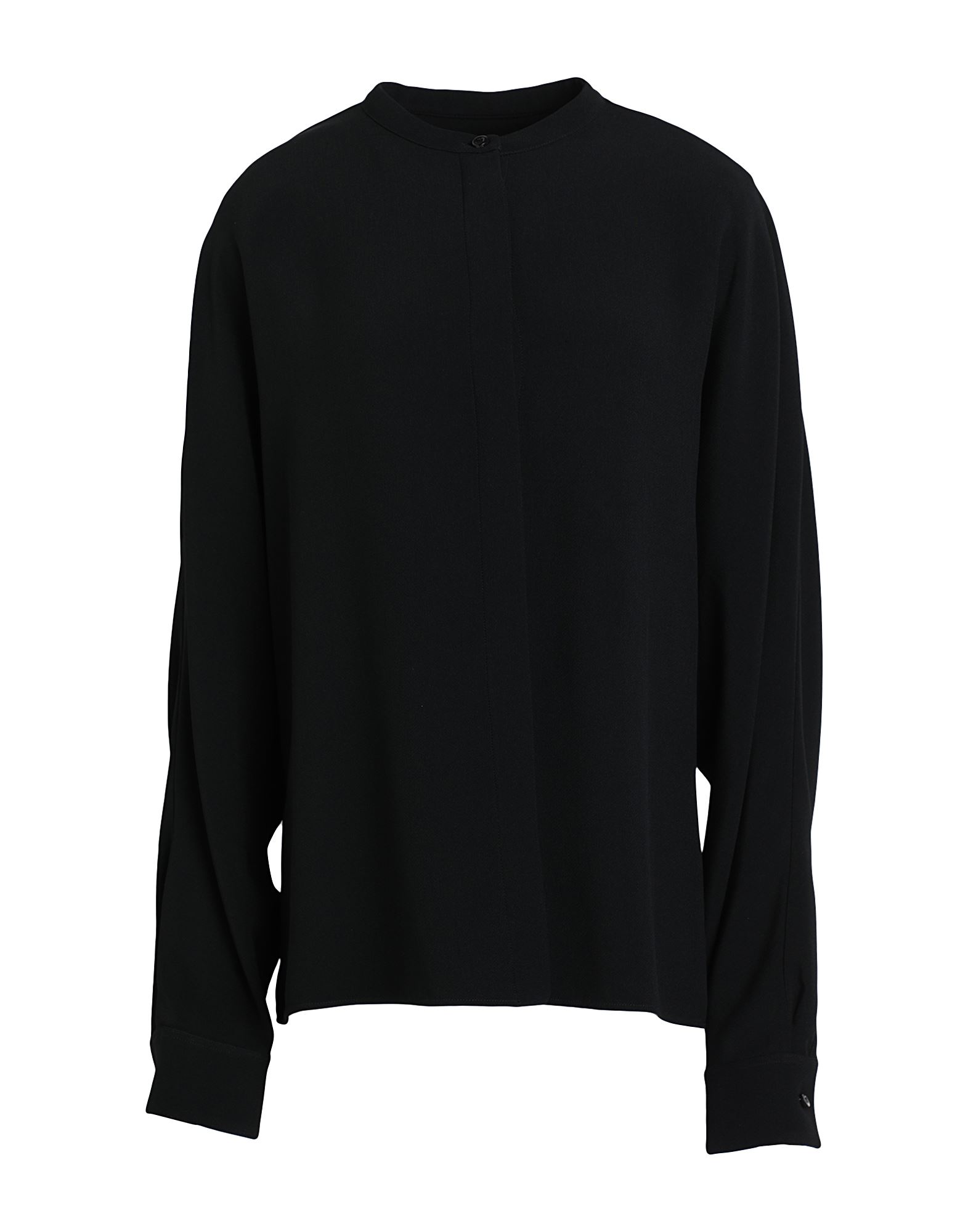 셔츠, 크레이프, 솔리드 컬러, 장식 부착 없음, 크루넥, 롱 슬리브, 버튼 커프스, 버튼 여밈, 동물성 비섬유 자재 함유, 드라이클리닝, 표백 금지, 건조기 사용불가. 이미지