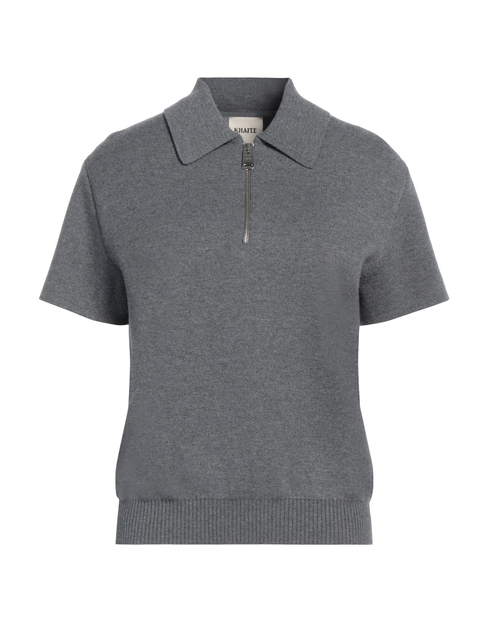 니트 소재, 라이트웨이트 니트, 멜란지, 장식 부착 없음, 클래식 칼라, 쇼트 슬리브, 지퍼 여밈, 드라이클리닝, 표백 금지, 건조기 사용불가. 이미지