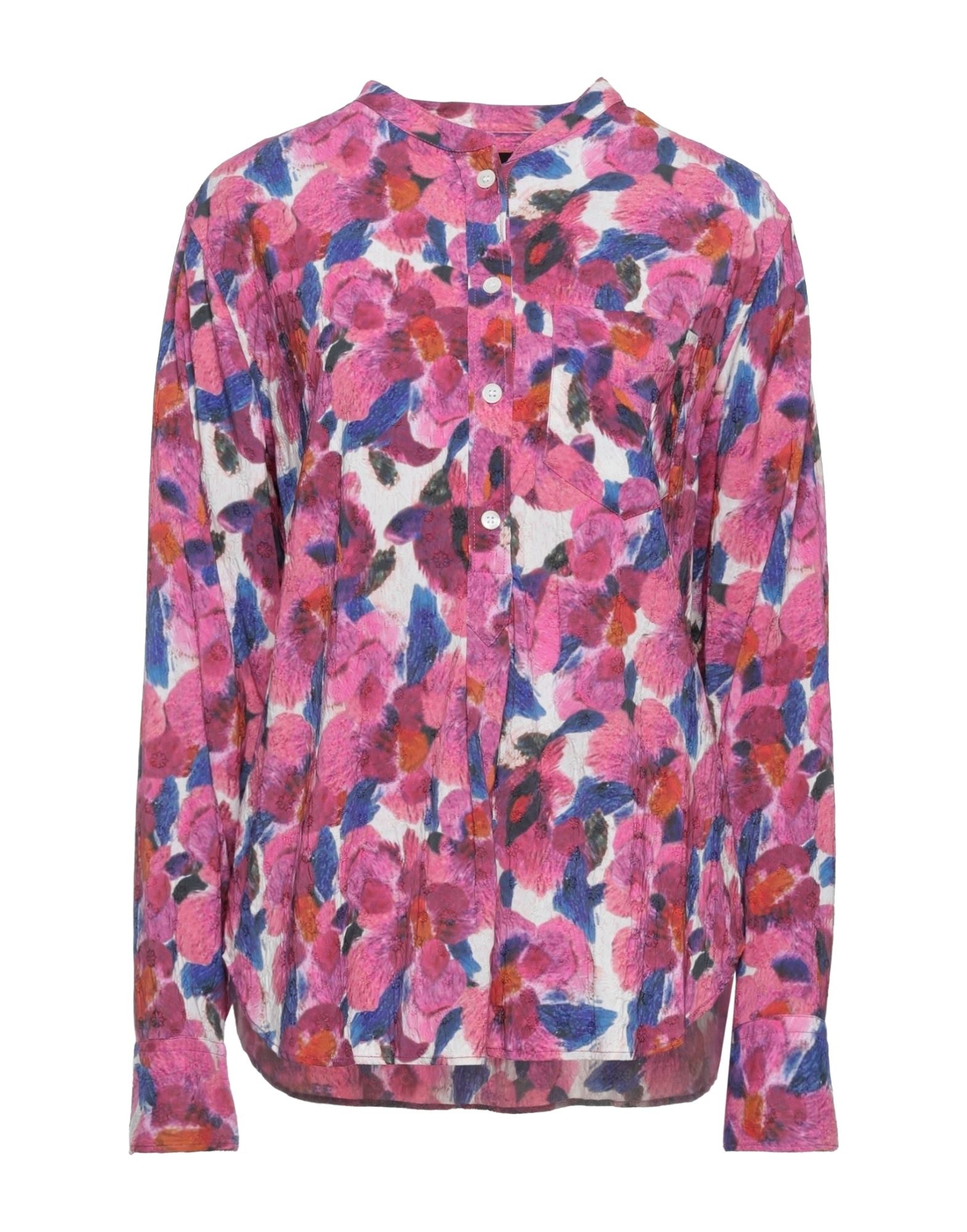 평직, 장식 부착 없음, 플로럴 모티브, 스탠드 칼라, 롱 슬리브, 버튼 여밈, 싱글 포켓, 스트레치. 이미지