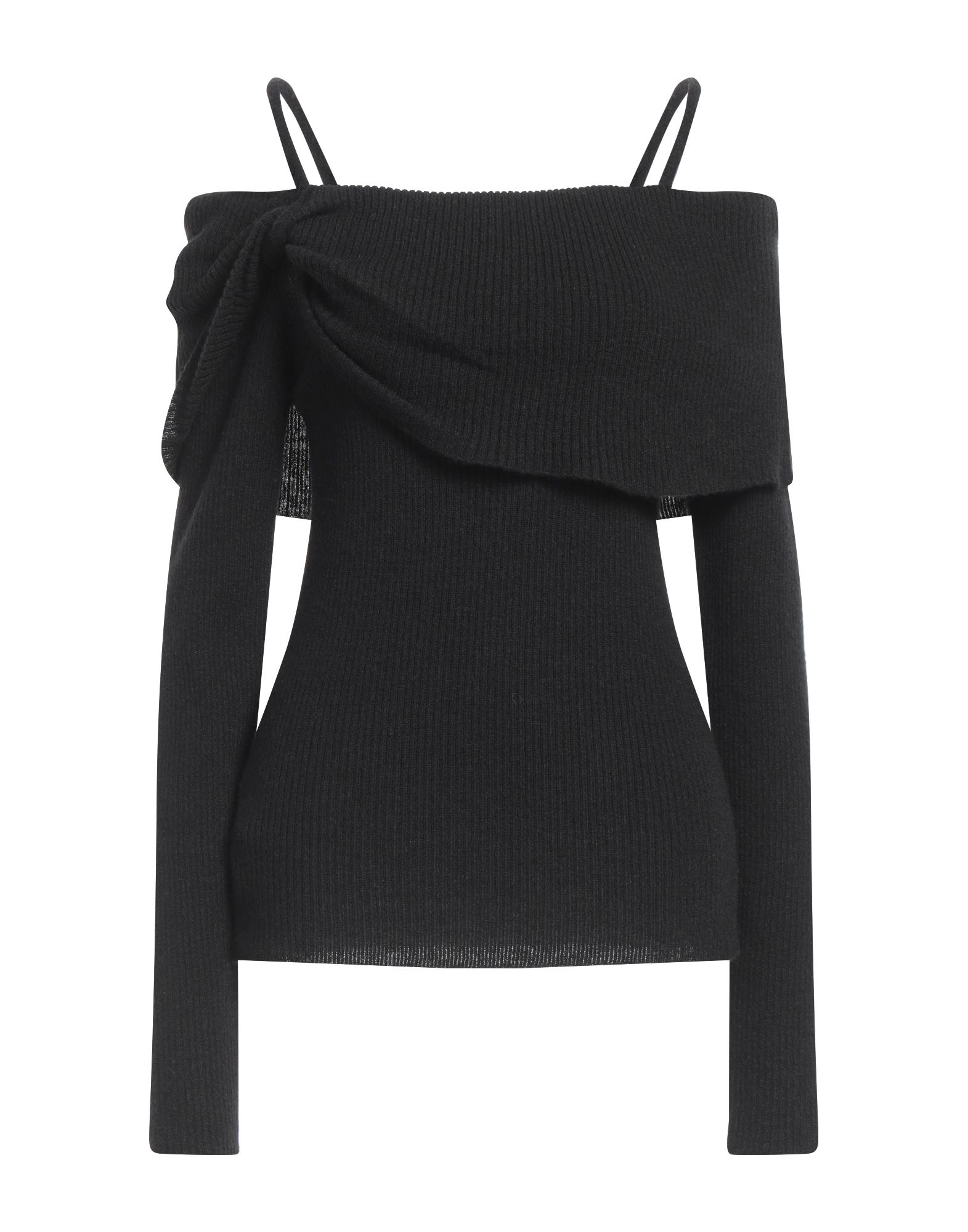 리브(rib) 조직, 라이트웨이트 니트, 장식 부착 없음, 솔리드 컬러, 콜드 숄더, 롱 슬리브, 세탁기 세탁 또는 드라이클리닝, 표백 금지, 건조기 사용불가. 이미지