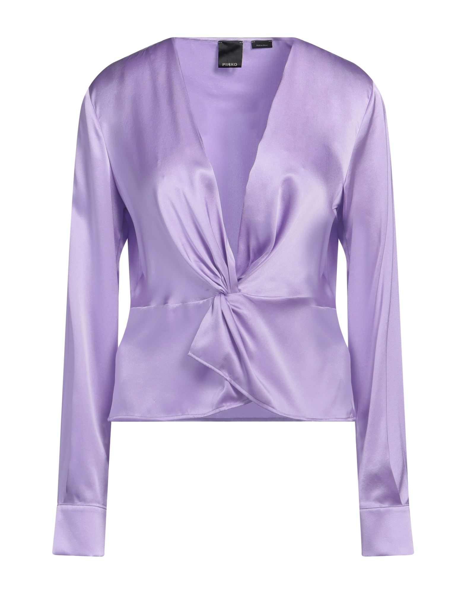 탑, 새틴, 솔리드 컬러, 장식 부착 없음, 드레이프 네크라인, 롱 슬리브, 버튼 커프스, 스트레치. 이미지