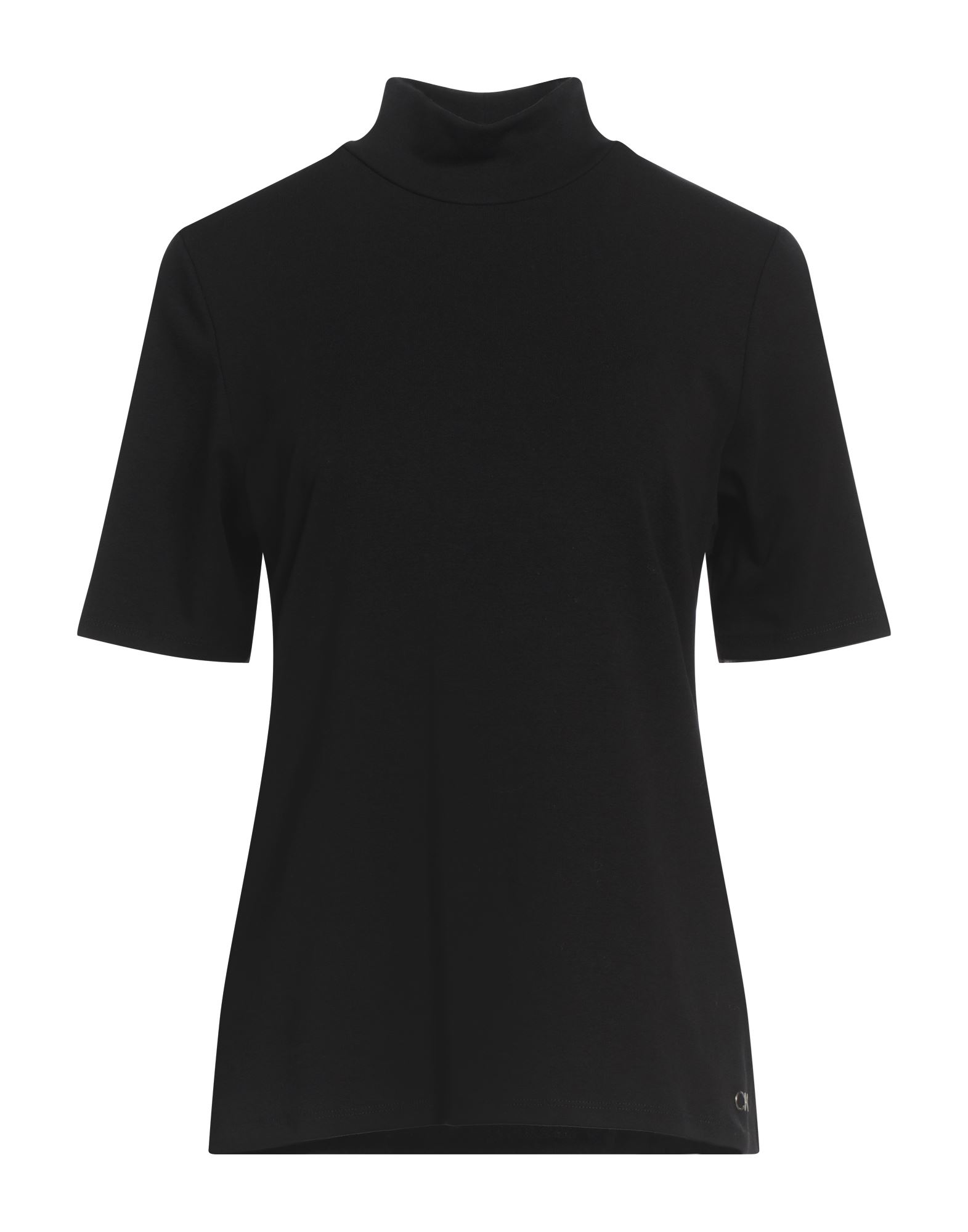 베이직 티, 저지, 솔리드 컬러, 브랜드 로고, 터틀넥, 쇼트 슬리브, 스트레치, 세탁기 세탁 또는 드라이클리닝, 건조기 사용가능. 이미지