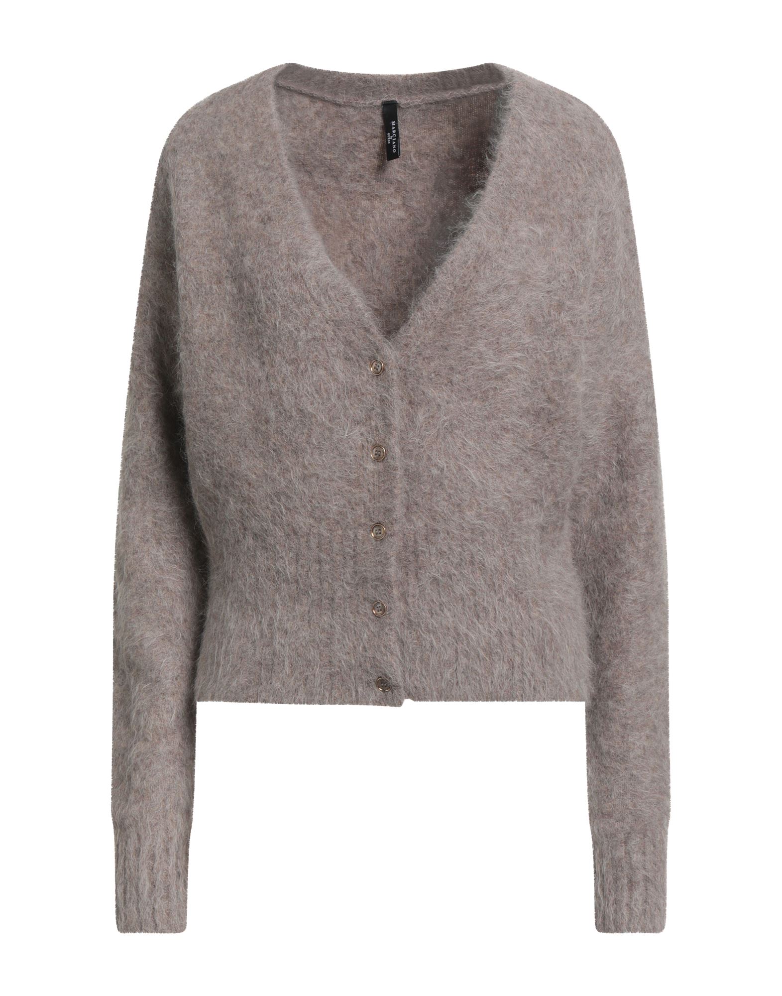 니트 소재, 미디엄웨이트 니트, 멜란지, 브랜드 로고, 롱 슬리브, 버튼 여밈, 스트레치, 손세탁 또는 드라이클리닝, 표백 금지, 건조기 사용불가. 이미지