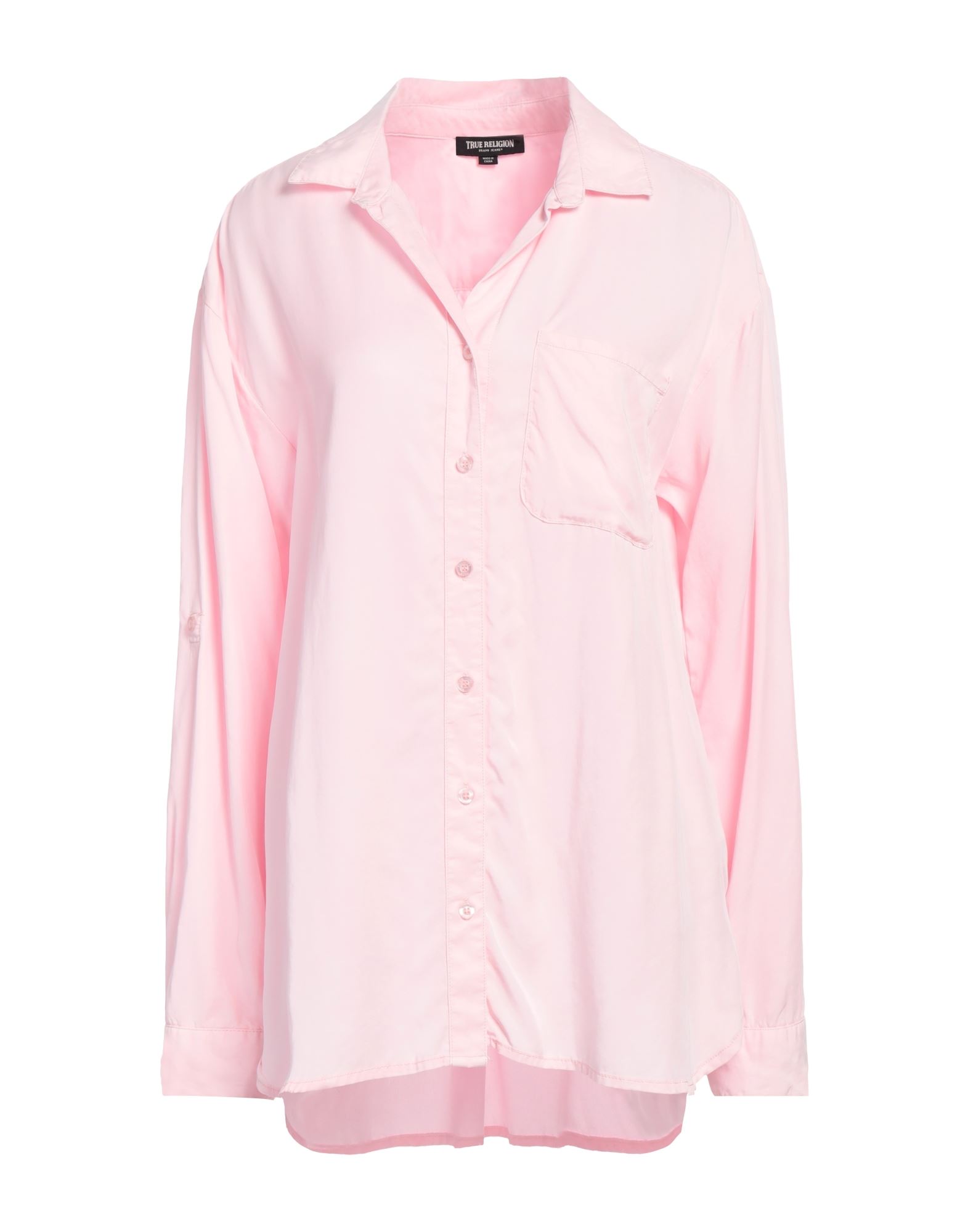 오버사이즈 셔츠, 우븐, 솔리드 컬러, 브랜드 로고, 캠프 칼라, 롱 슬리브, 버튼 커프스, 버튼 여밈, 포켓 1개, 사이드 슬릿 헴라인, 세탁기로 세탁, 표백 금지, 건조기 사용가능. 이미지