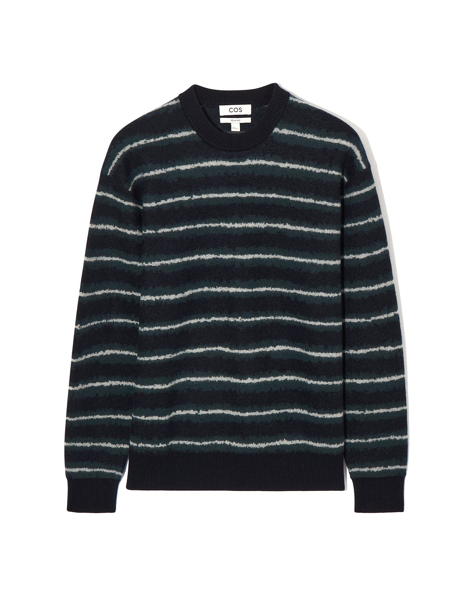 니트 소재, 라이트웨이트 니트, 장식 부착 없음, 스트라이프, 크루넥, 롱 슬리브, 리브 조직 커프스, 포켓 없음, 이 아이템에는 동물복지를 중시하는 농장에서 공급된 울이 포함되어 있습니다.. 이미지