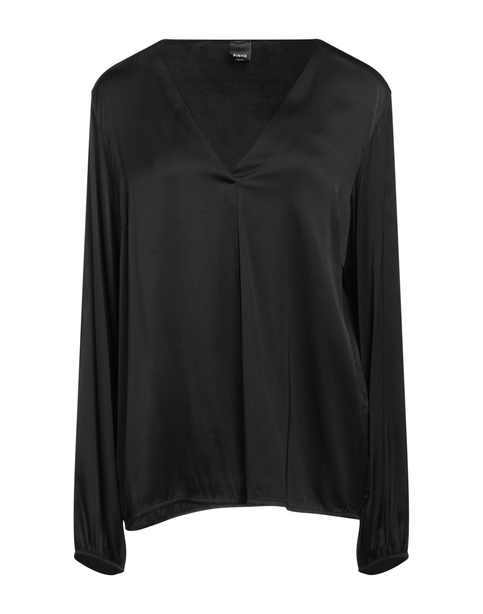 새틴, 브랜드 로고, 솔리드 컬러, v 네크라인, 롱 슬리브, 포켓 없음, 스트레치, 탑. 이미지