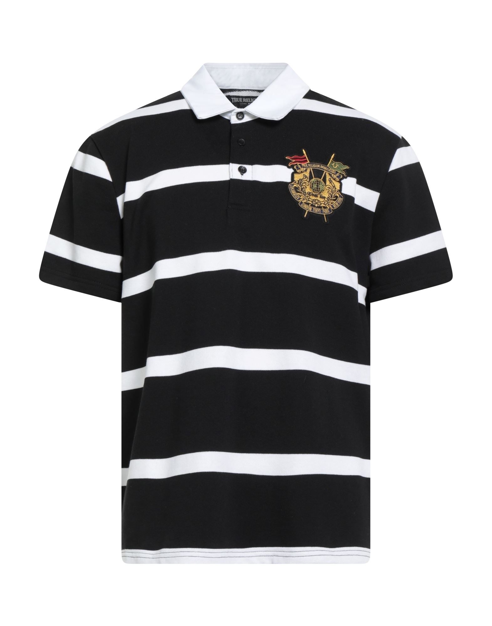 프렌치 테리, 스트라이프, 브랜드 로고, 패치, 버튼 넥, 쇼트 슬리브, 버튼 여밈, 세탁기로 세탁, 표백 금지, 건조기 사용가능. 이미지