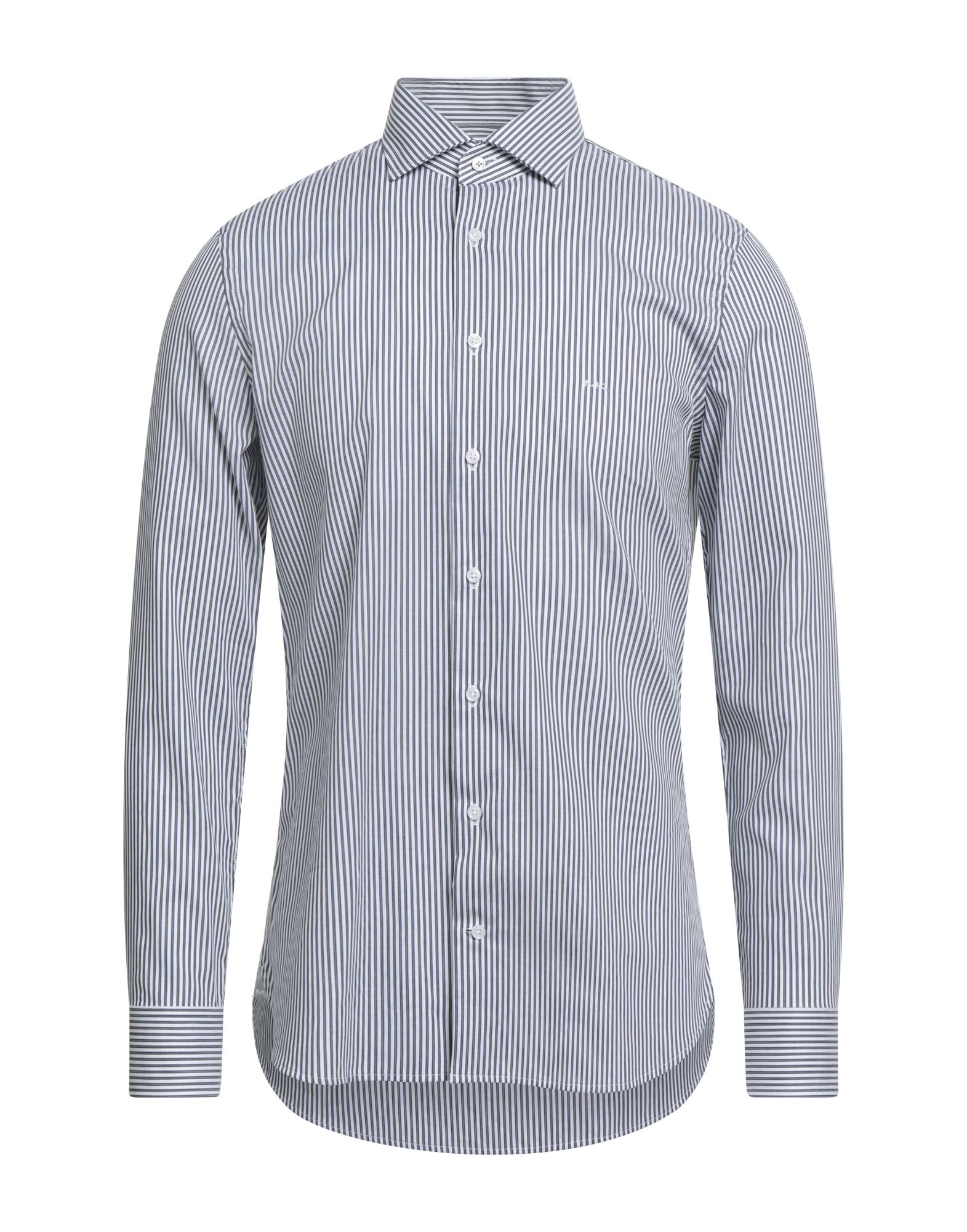 슬림 셔츠, 우븐, 스트레치 패브릭, 스트라이프, 자수 로고 장식, 클래식 칼라, 롱 슬리브, 버튼 커프스, 버튼 여밈, 세탁기 세탁 또는 드라이클리닝, 표백 금지, 건조기 사용불가. 이미지