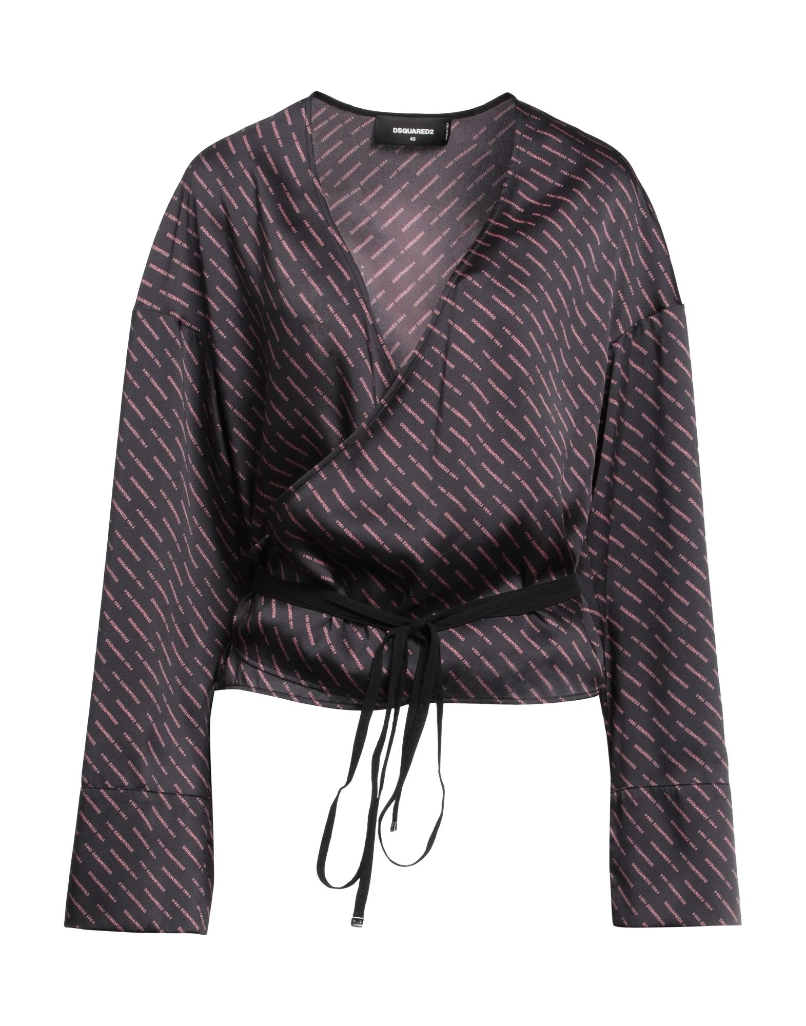 새틴, 장식 부착 없음, 로고 디자인, 딥 네크라인, 롱 슬리브, 포켓 없음, 랩 오버 탑. 이미지