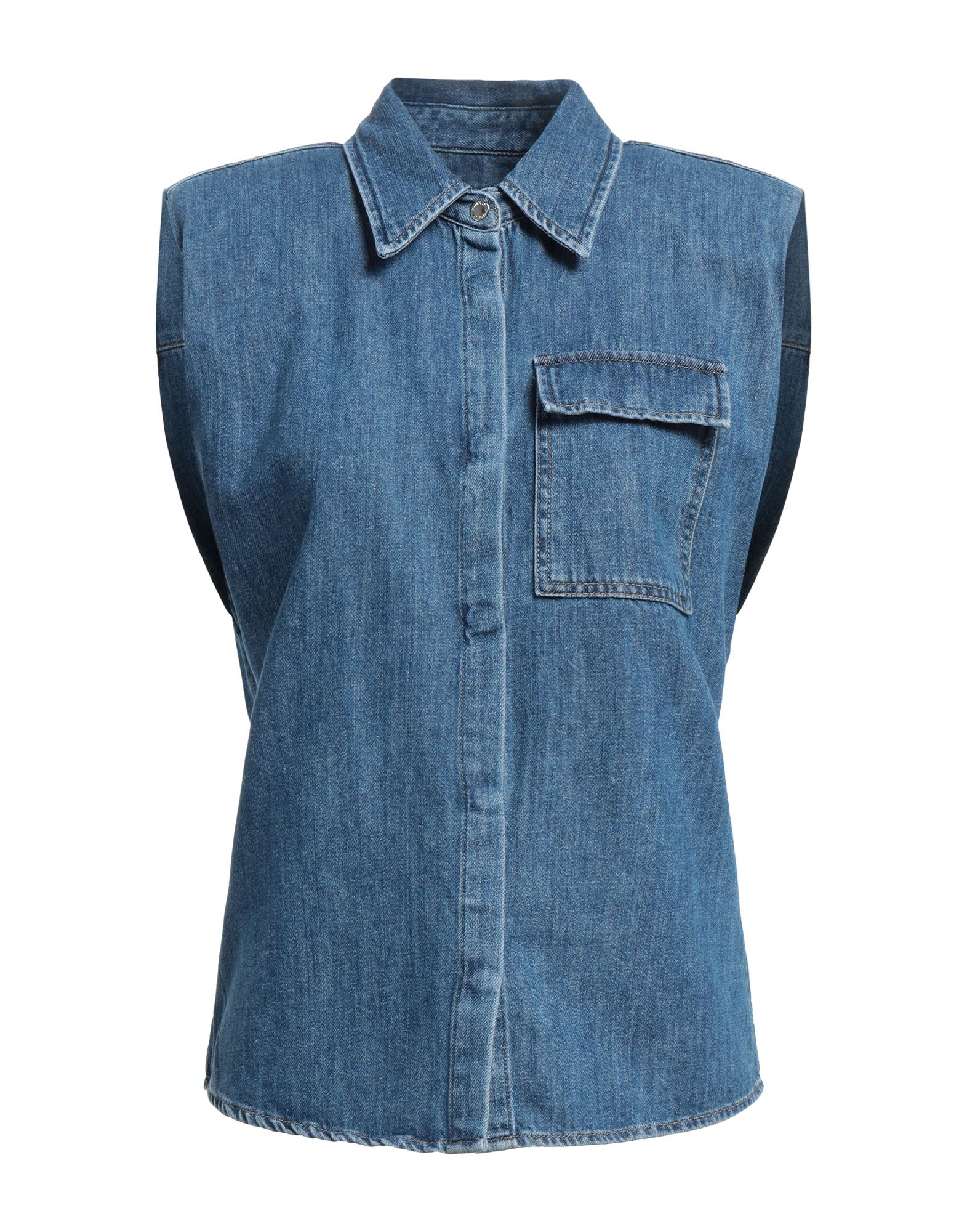 데님, 장식 부착 없음, 솔리드 컬러, 미디엄 워싱, 클래식 칼라, 쇼트 슬리브, 버튼 여밈, 싱글 포켓. 이미지