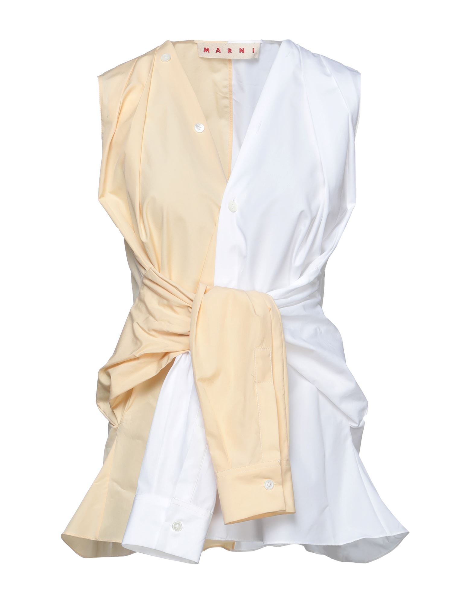 우븐, 투톤 패턴, 장식 부착 없음, v 네크라인, 슬리브리스, 버튼 여밈, 포켓 없음, 소재의 패턴에서 보여지는 차이는 상품 각각의 독창성을 보증하는 것입니다., 동물성 비섬유 자재 함유, 이 브랜드는 사이즈가 크게 나옵니다. 이미지