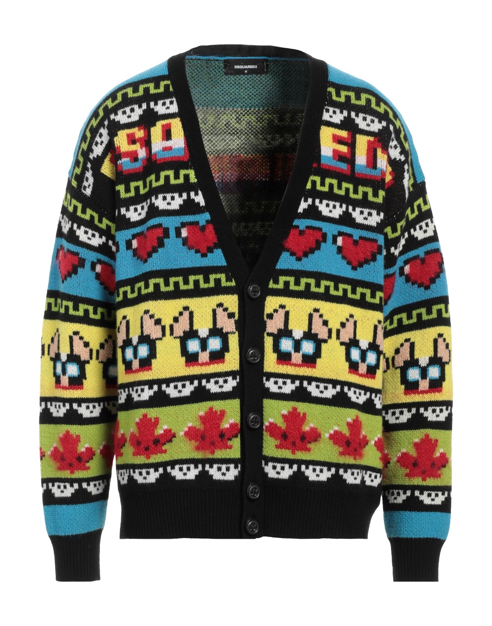 니트 소재, 미디엄웨이트 니트, 브랜드 로고, 멀티컬러 패턴, 롱 슬리브, 버튼 여밈, 포켓 없음, 물세탁 불가, 표백 금지, 건조기 사용불가, 이 브랜드는 사이즈가 크게 나옵니다. 이미지