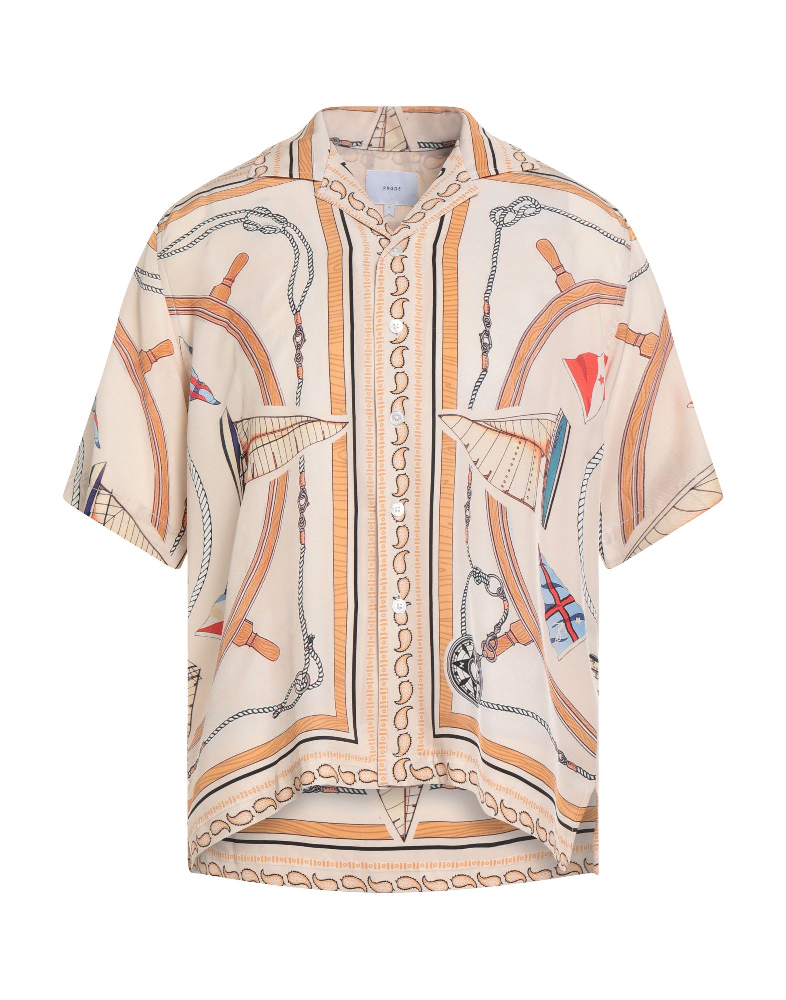 레귤러 셔츠, 트윌, 멀티컬러 패턴, 브랜드 로고, 캠프 칼라, 쇼트 슬리브, 버튼 여밈, 드라이클리닝, 표백 금지, 건조기 사용불가, 다림질 금지. 이미지