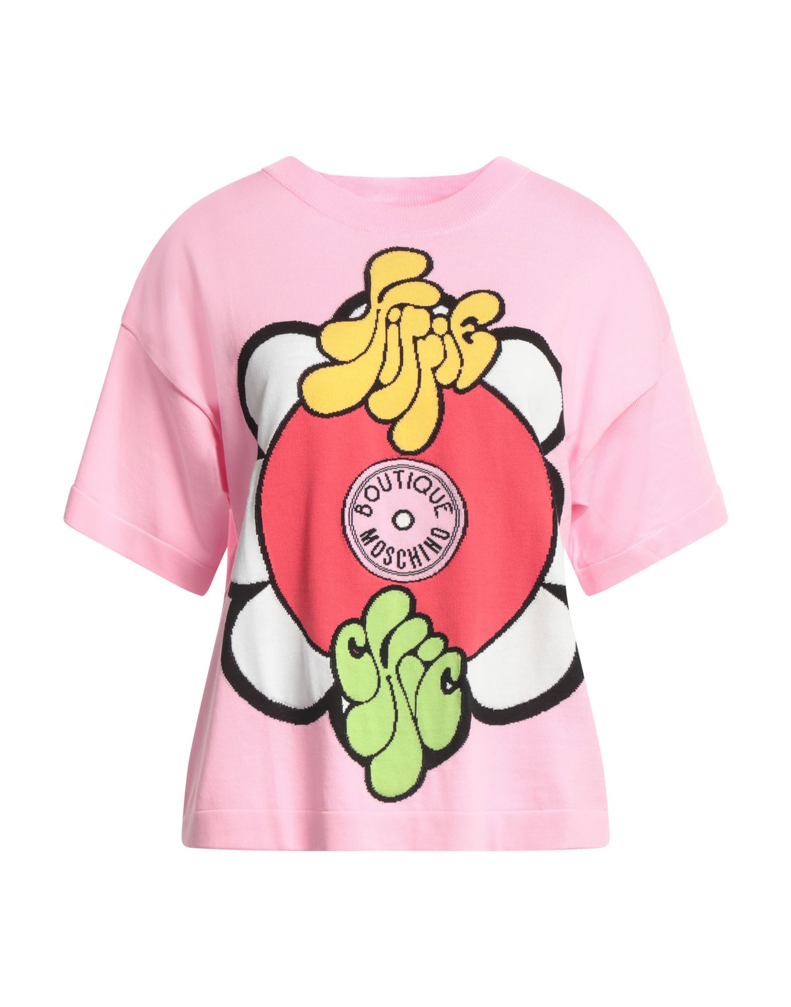 니트 소재, 브랜드 로고, 라운드 네크라인, 장식 디테일 솔리드 컬러, 쇼트 슬리브, 포켓 없음, 라이트웨이트 니트. 이미지