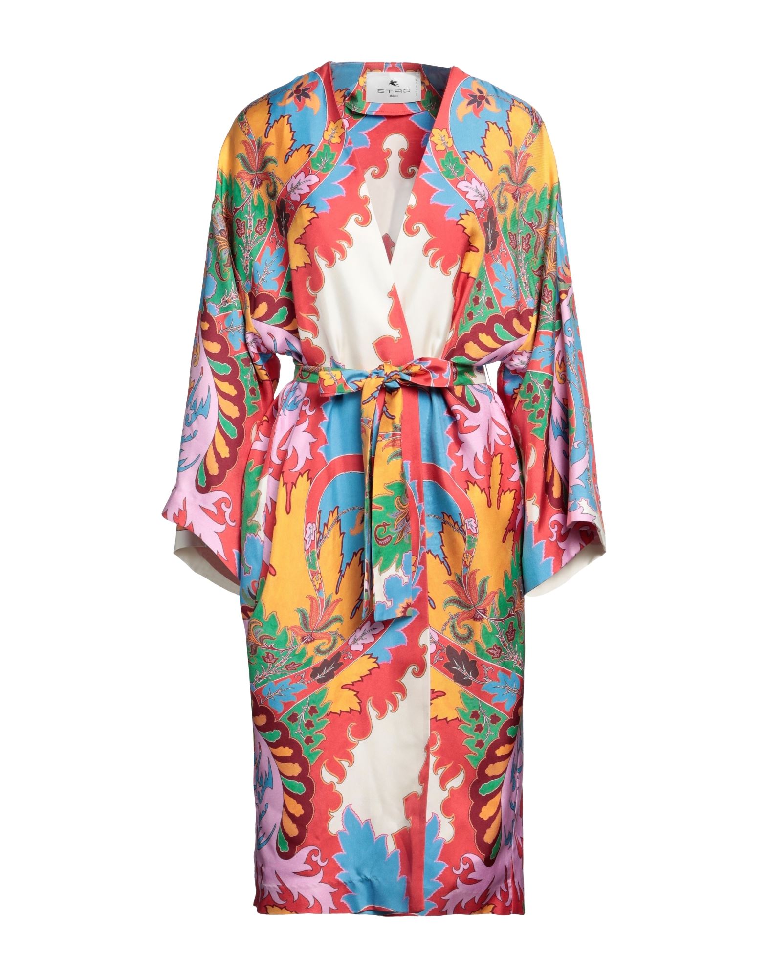 새틴, 새시, 페이즐리 패턴, 멀티컬러 패턴, 딥 네크라인, 롱 슬리브, 포켓 없음, 기모노 스타일. 이미지