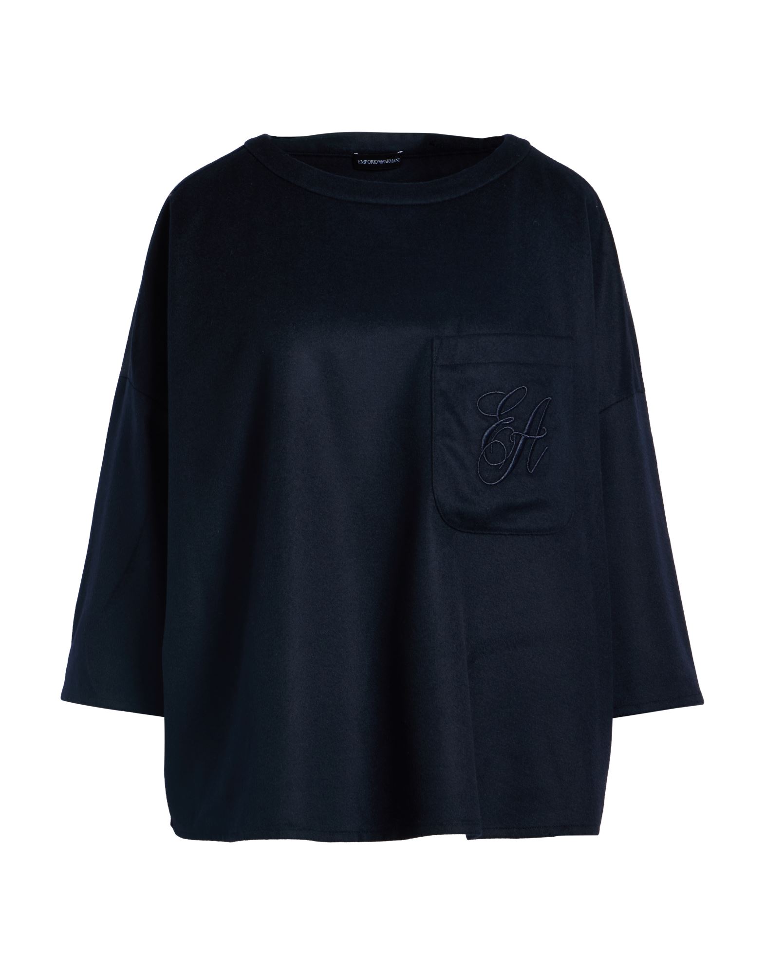 브러시드 펠트, 솔리드 컬러, 자수 로고 장식, 크루넥, 3/4길이 슬리브, 포켓 1개, 드라이클리닝, 표백 금지, 건조기 사용불가. 이미지