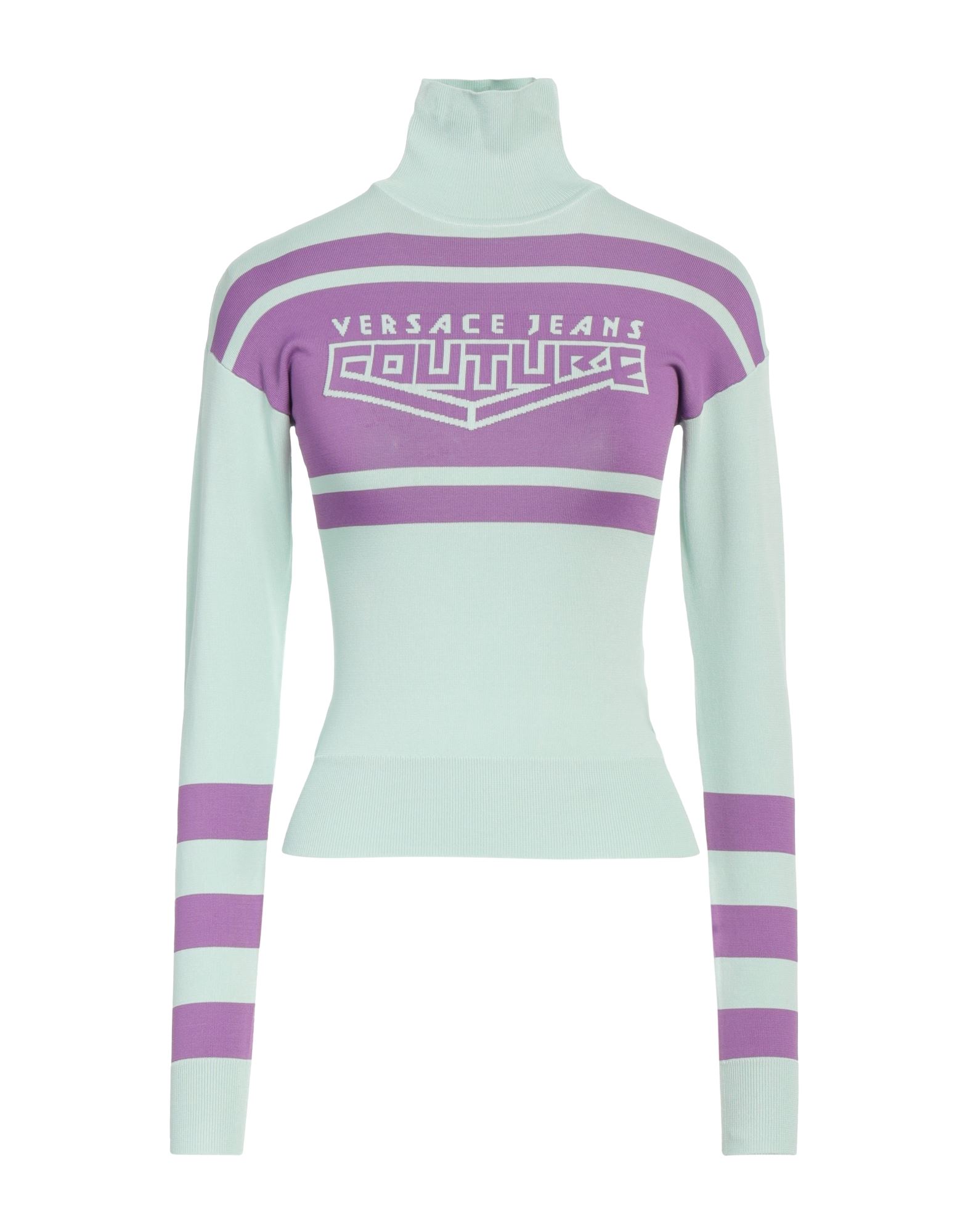 니트 소재, 라이트웨이트 니트, 브랜드 로고, 투톤 패턴, 터틀넥, 롱 슬리브, 포켓 없음. 이미지