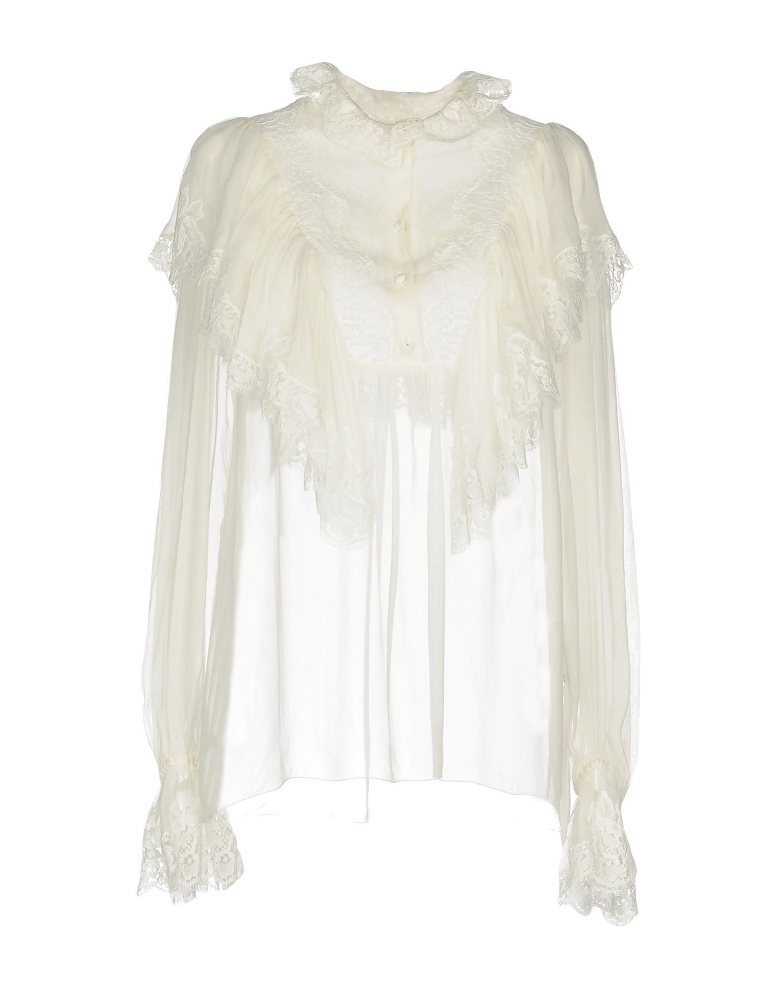 루쉬 디테일 탑, 레이스, 보일, 러플, 솔리드 컬러, 크루넥, 롱 슬리브, 버튼 여밈, 포켓 없음. 이미지