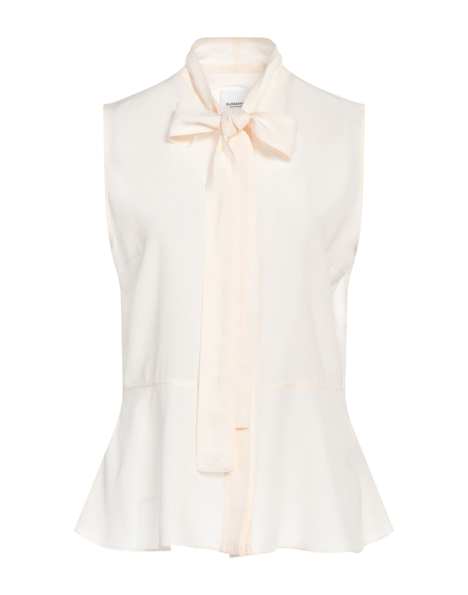 보우 디테일 셔츠, 새틴, 브랜드 로고, 솔리드 컬러, 보우 타이 네크라인, 슬리브리스, 버튼 여밈, 포켓 없음, 플레어 헴라인. 이미지