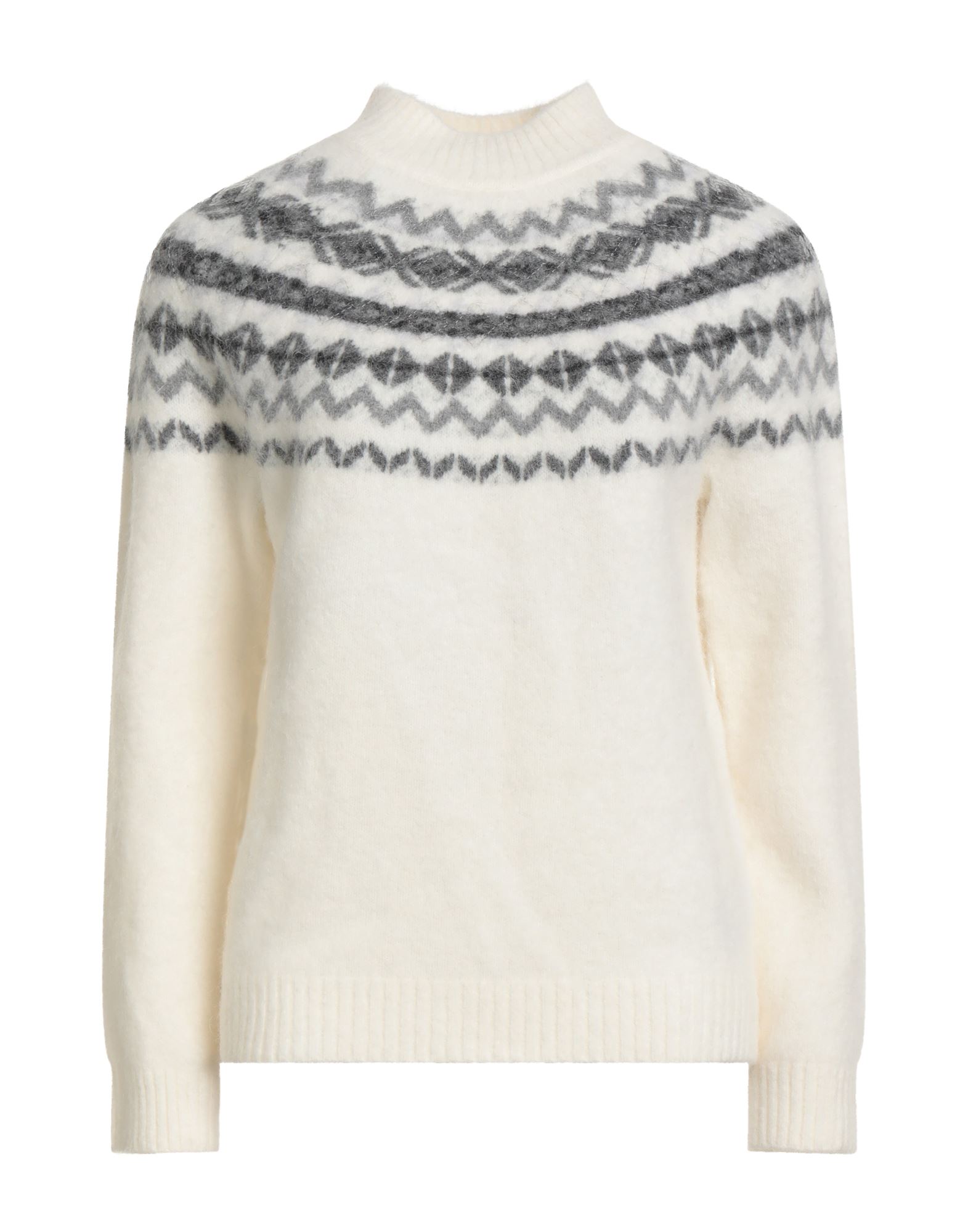 니트 소재, 라이트웨이트 니트, 투톤 패턴, 장식 부착 없음, 터틀넥, 롱 슬리브, 스트레치, 손세탁 또는 드라이클리닝, 표백 금지, 건조기 사용불가. 이미지