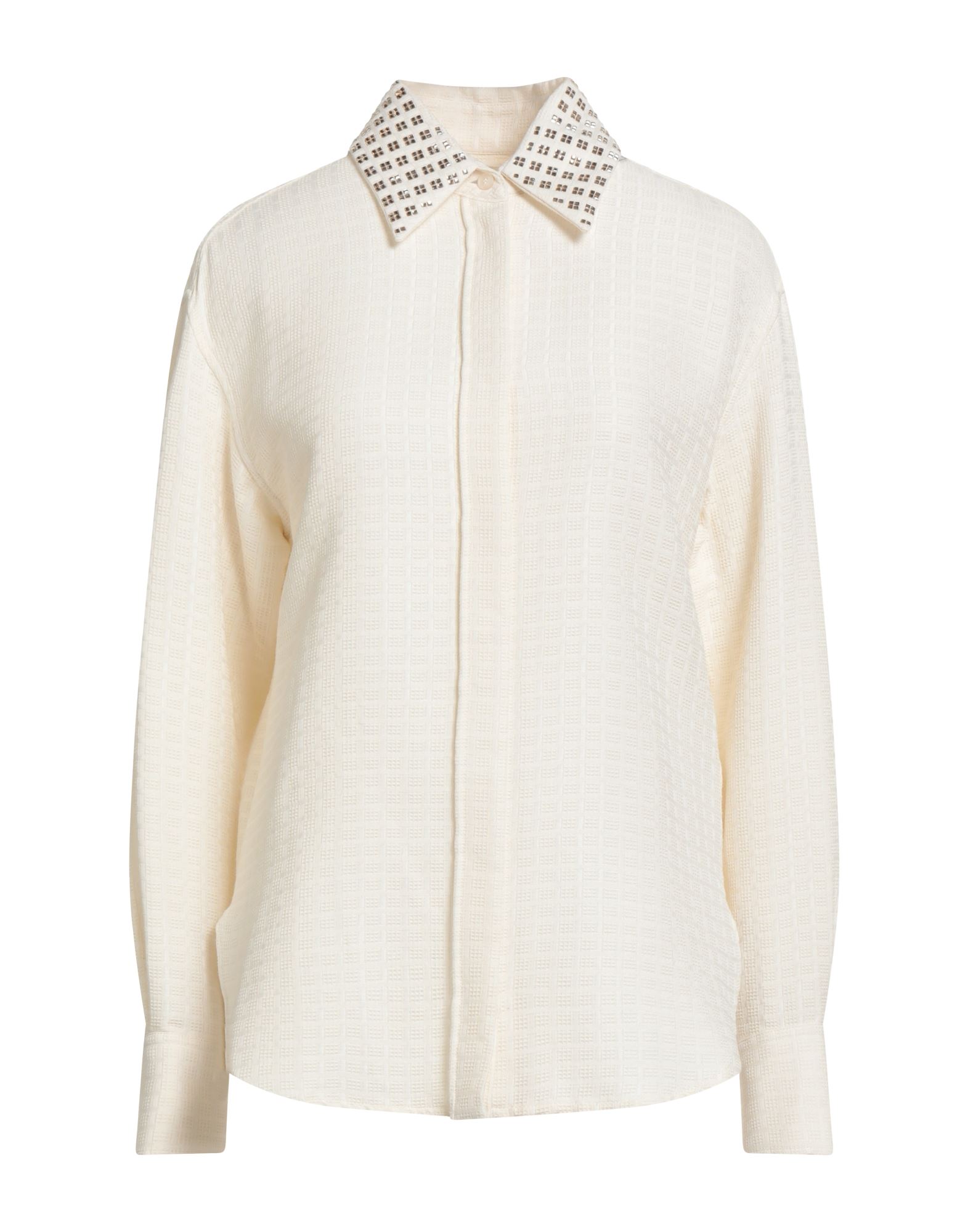 셔츠, 자카드, 장식 디테일 솔리드 컬러, 크리스탈, 클래식 칼라, 롱 슬리브, 버튼 커프스, 버튼 여밈, 사이드 슬릿 헴라인, 손세탁 또는 드라이클리닝, 표백 금지, 건조기 사용불가. 이미지