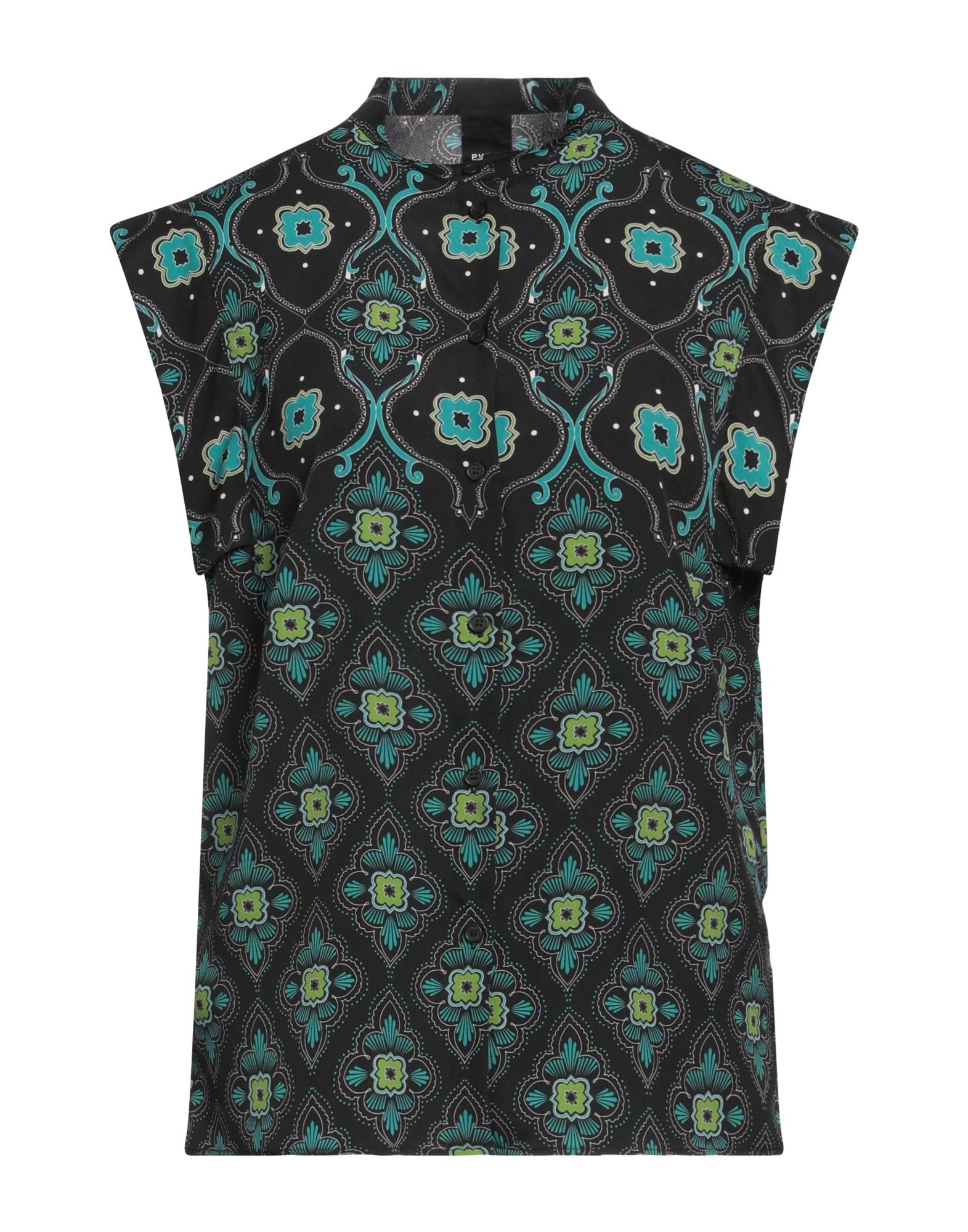 셔츠, 크레이프, 멀티컬러 패턴, 장식 부착 없음, 크루넥, 쇼트 슬리브, 버튼 여밈. 이미지