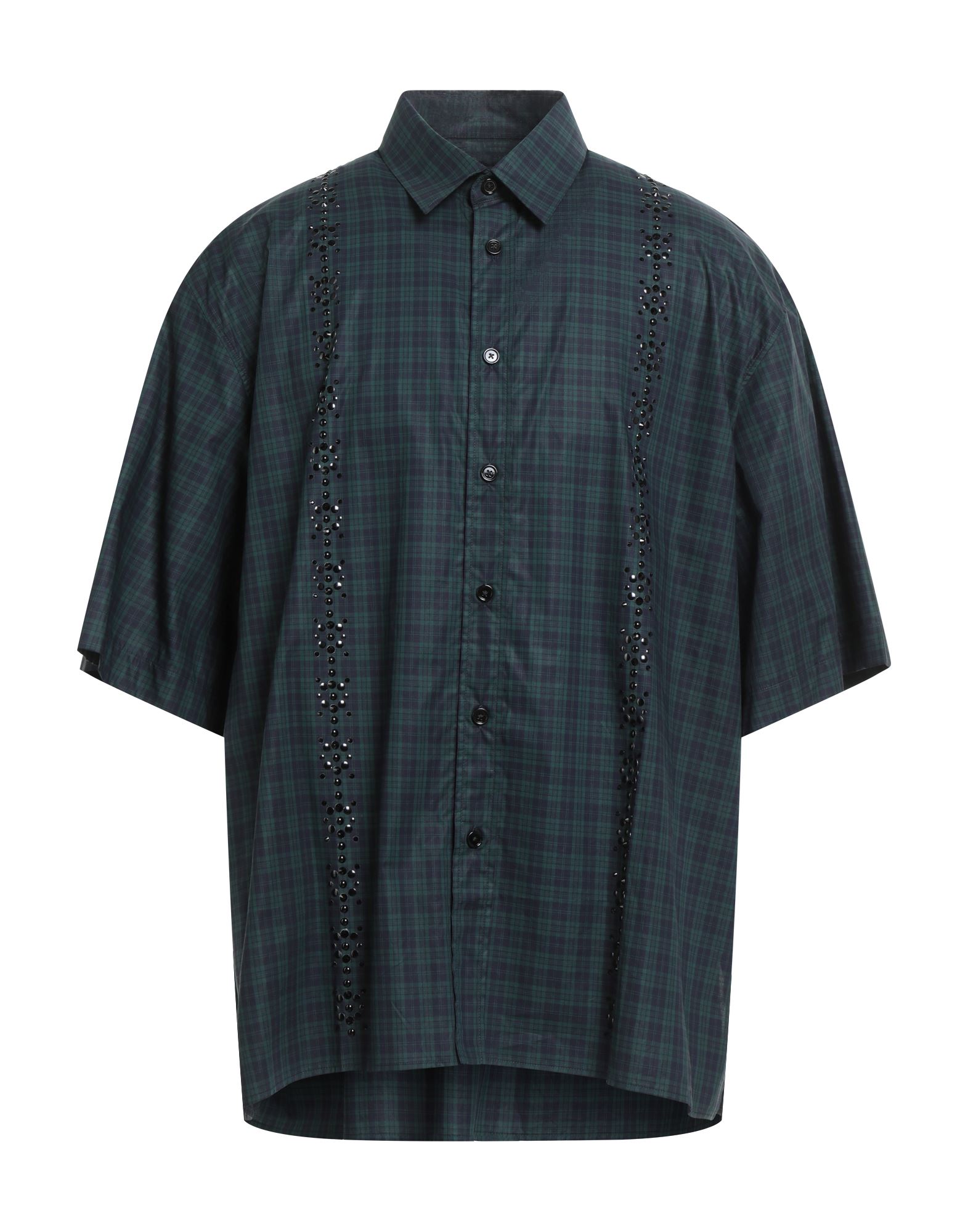 레귤러 셔츠, 포플린, 체크, 비즈, 클래식 칼라, 쇼트 슬리브, 버튼 여밈, 사이드 슬릿 헴라인, 손세탁, 표백 금지, 건조기 사용불가, 이 브랜드는 사이즈가 크게 나옵니다. 이미지