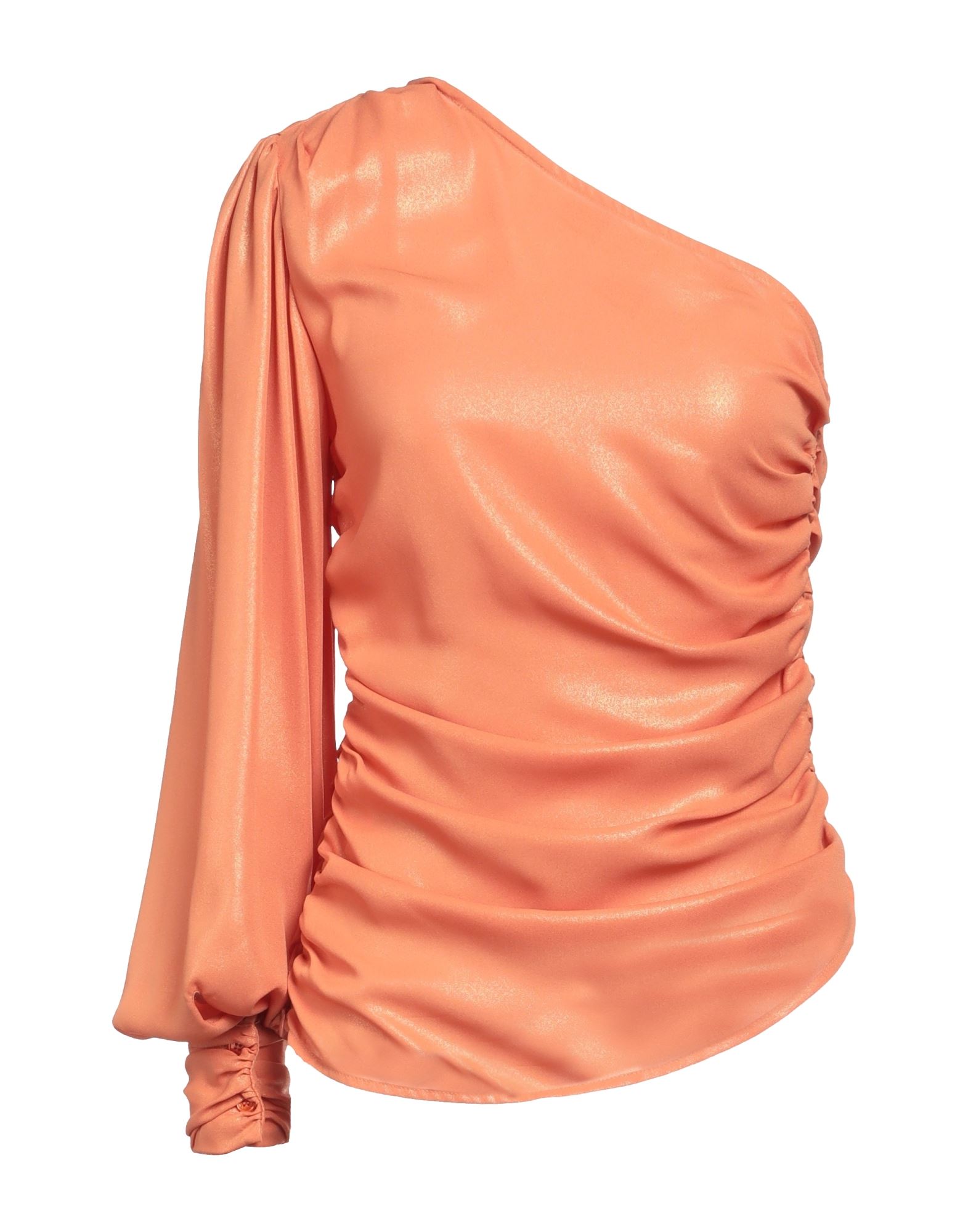 원숄더 탑, 크레이프, 메탈릭 효과, 솔리드 컬러, 개더 디테일, 어깨 패드, 버튼 커프스, 지퍼 여밈, 손세탁 또는 드라이클리닝, 표백 금지, 건조기 사용불가. 이미지