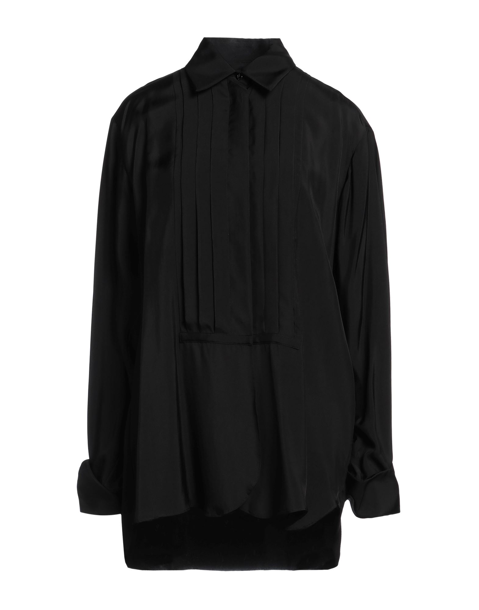 턱시도 셔츠, 새틴, 솔리드 컬러, 장식 부착 없음, 와이드 네크라인, 롱 슬리브, 버튼 커프스, 버튼 여밈, 드라이클리닝, 표백 금지, 건조기 사용불가. 이미지