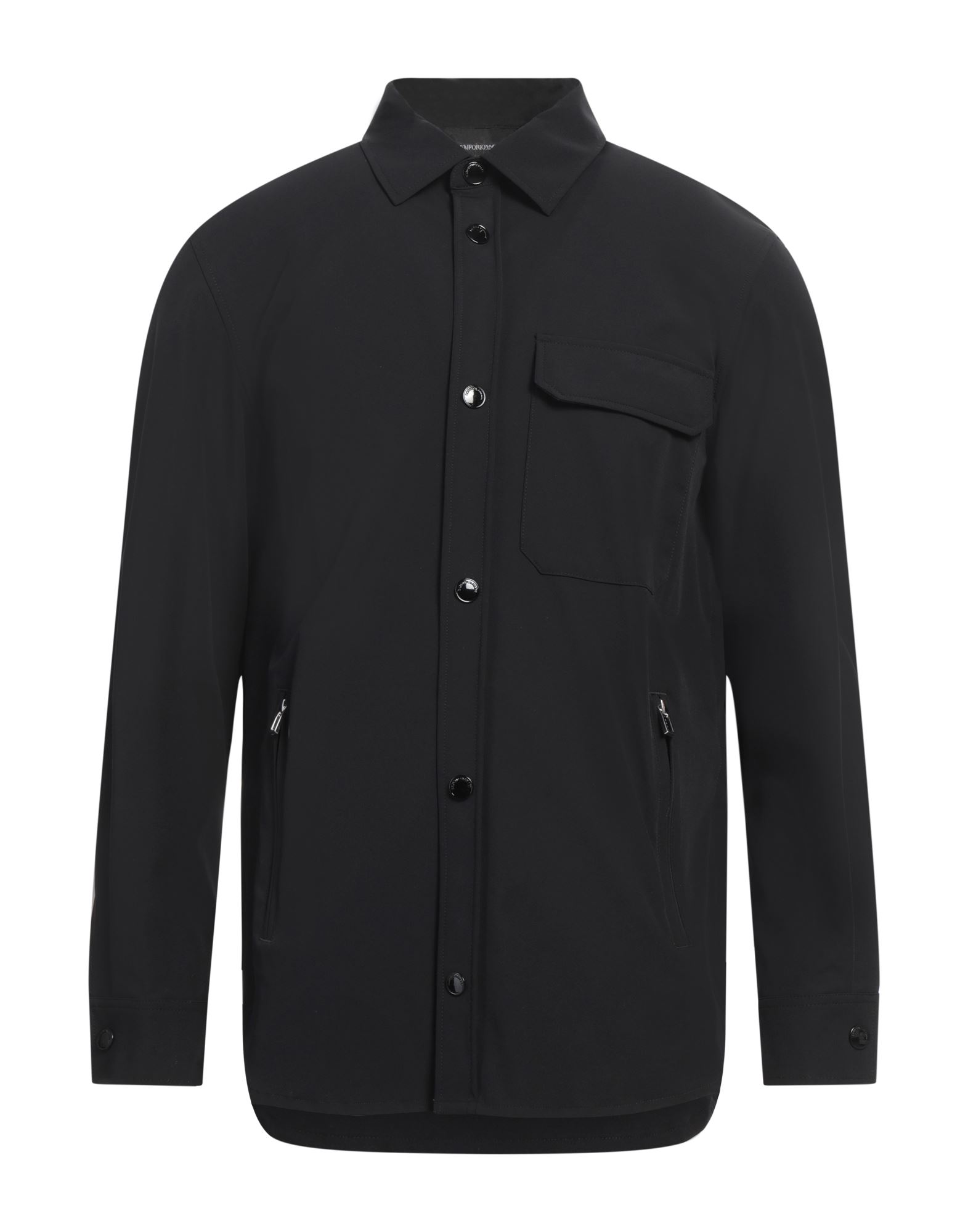 셔츠 자켓, 합성 저지, 솔리드 컬러, 브랜드 로고, 클래식 칼라, 롱 슬리브, 스냅버튼 커프스, 스냅버튼 여밈, 멀티 포켓, 스트레치, 세탁기로 세탁, 표백 금지, 건조기 사용불가. 이미지