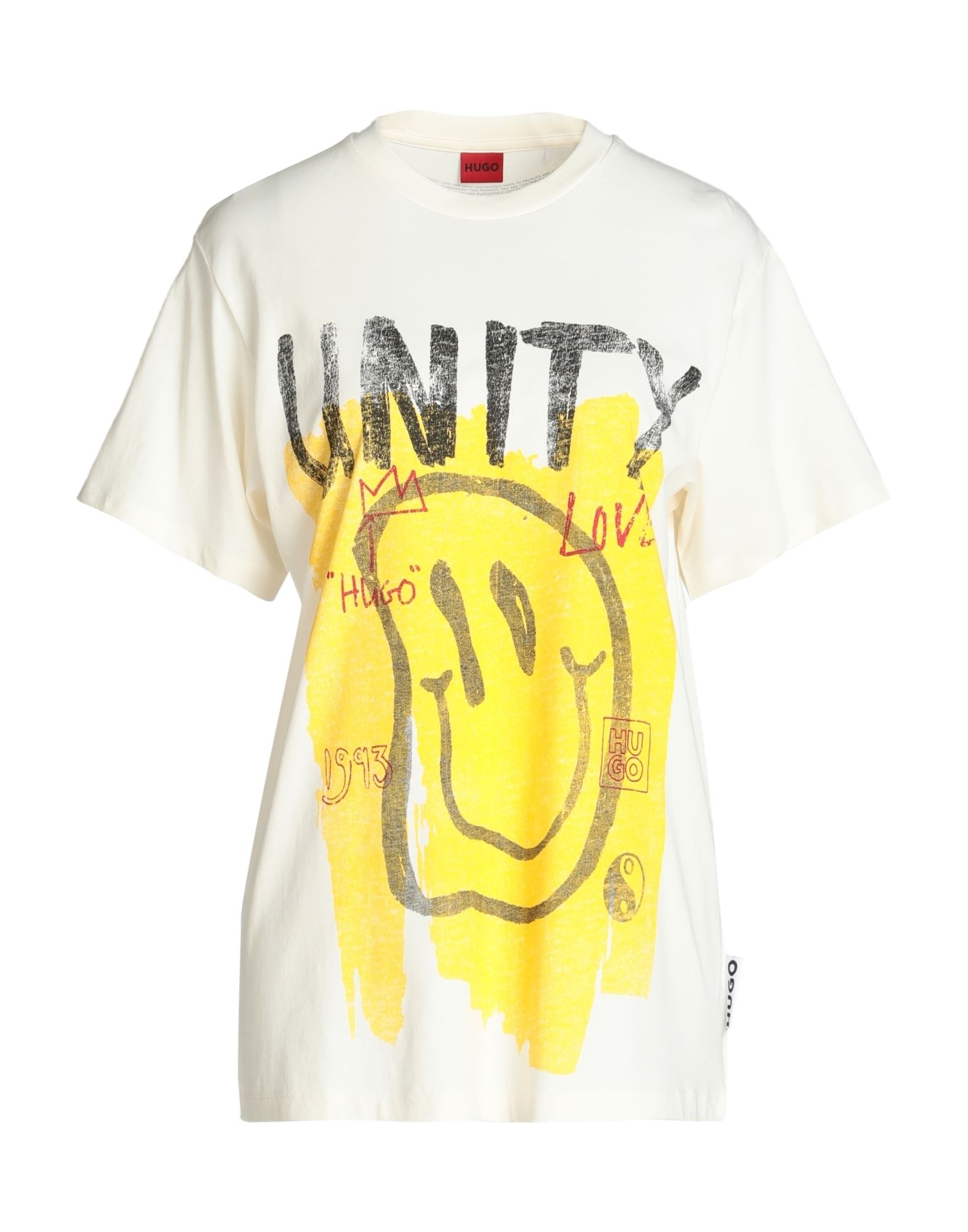 패턴 티셔츠, 저지, 멀티컬러 패턴, 브랜드 로고, 프린트, 크루넥, 쇼트 슬리브, cotton made in africa는 엄격한 환경 기준을 준수하는 소규모 농장에서 생산됩니다. 이미지