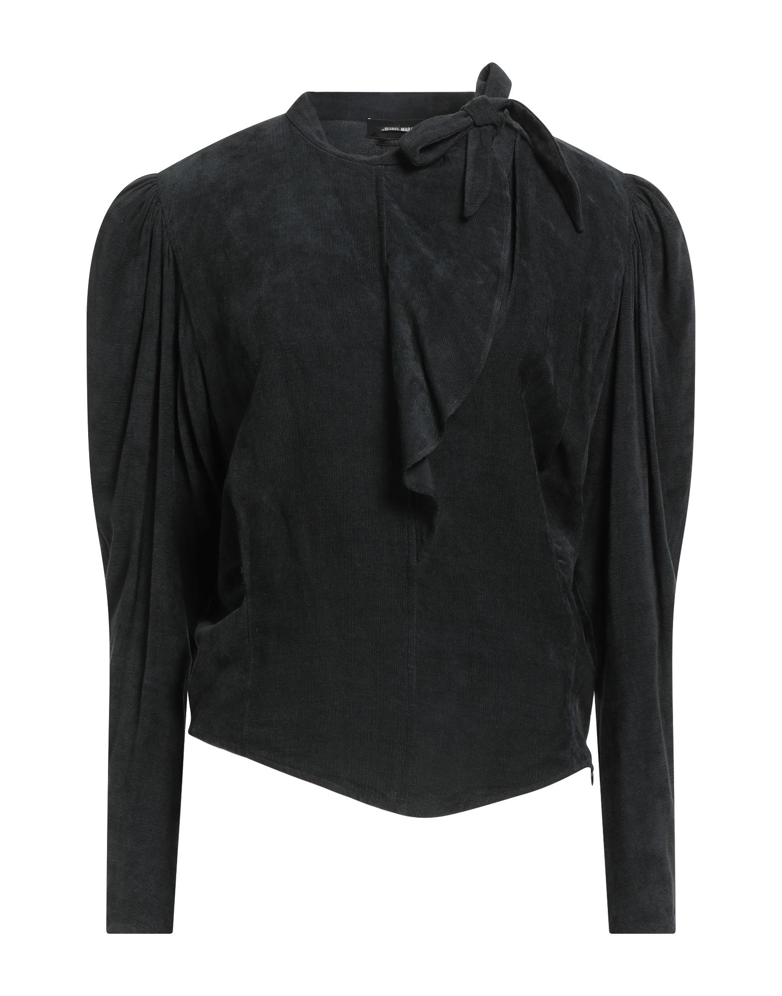 보우 디테일 블라우스, 코듀로이, 솔리드 컬러, 러플, 롱 슬리브, 지퍼 여밈, 드라이클리닝, 표백 금지, 건조기 사용불가. 이미지