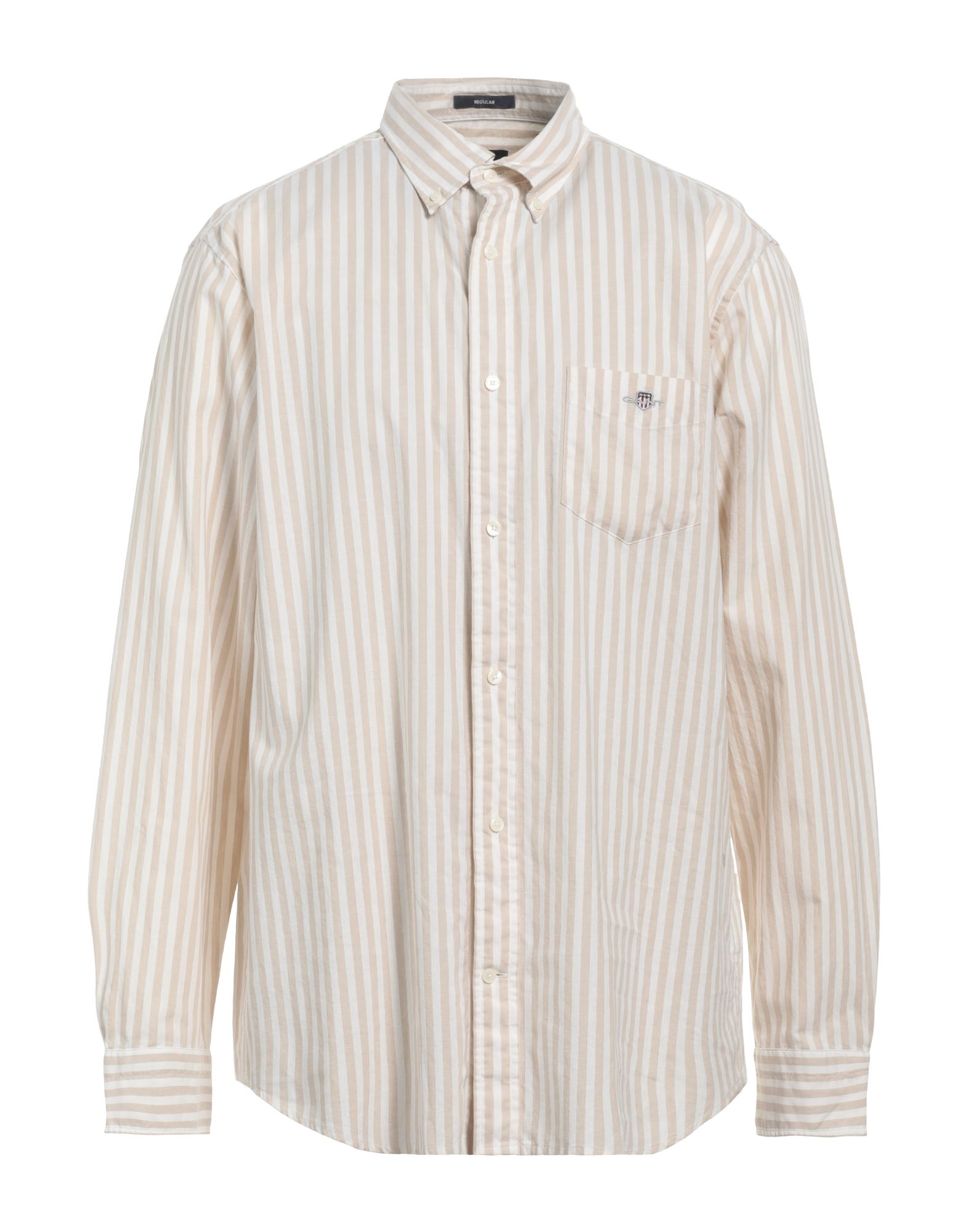 레귤러 셔츠, 우븐, 자수 로고 장식, 스트라이프, 버튼다운 칼라, 롱 슬리브, 버튼 커프스, 버튼 여밈, 포켓 1개, 세탁기로 세탁, 표백 금지, 건조기 사용가능. 이미지