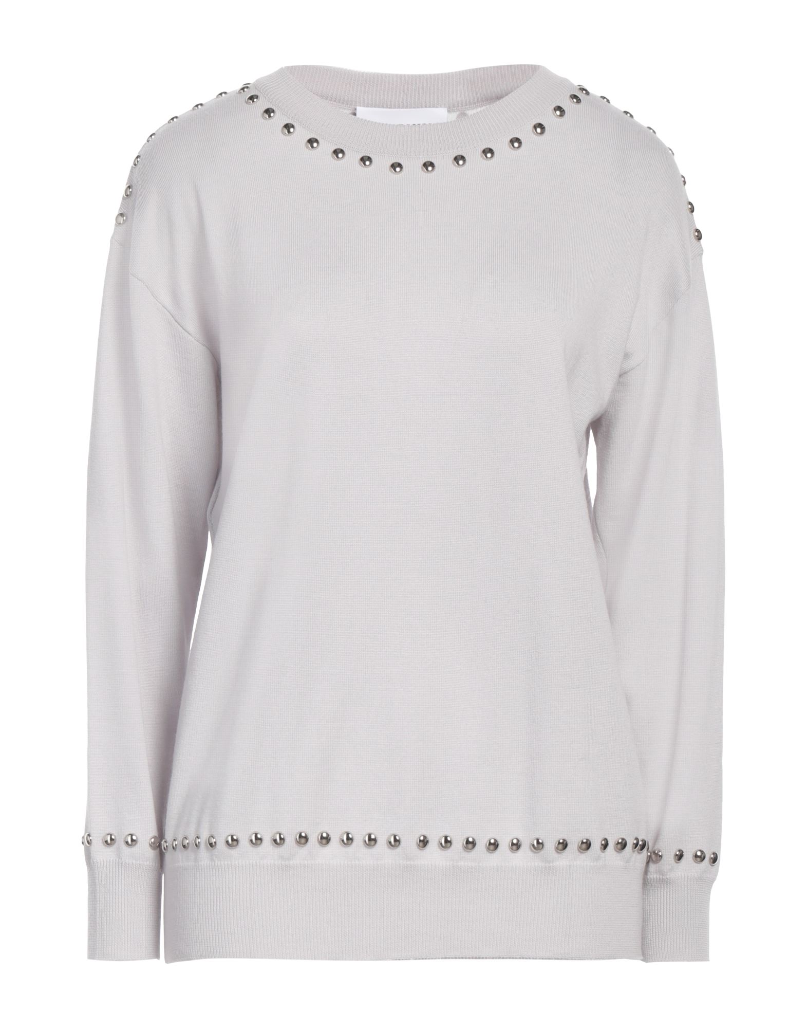 니트 소재, 라이트웨이트 니트, 메탈 디테일, 장식 디테일 솔리드 컬러, 크루넥, 롱 슬리브, 포켓 없음, 손세탁, 건조기 사용불가, 표백 금지. 이미지