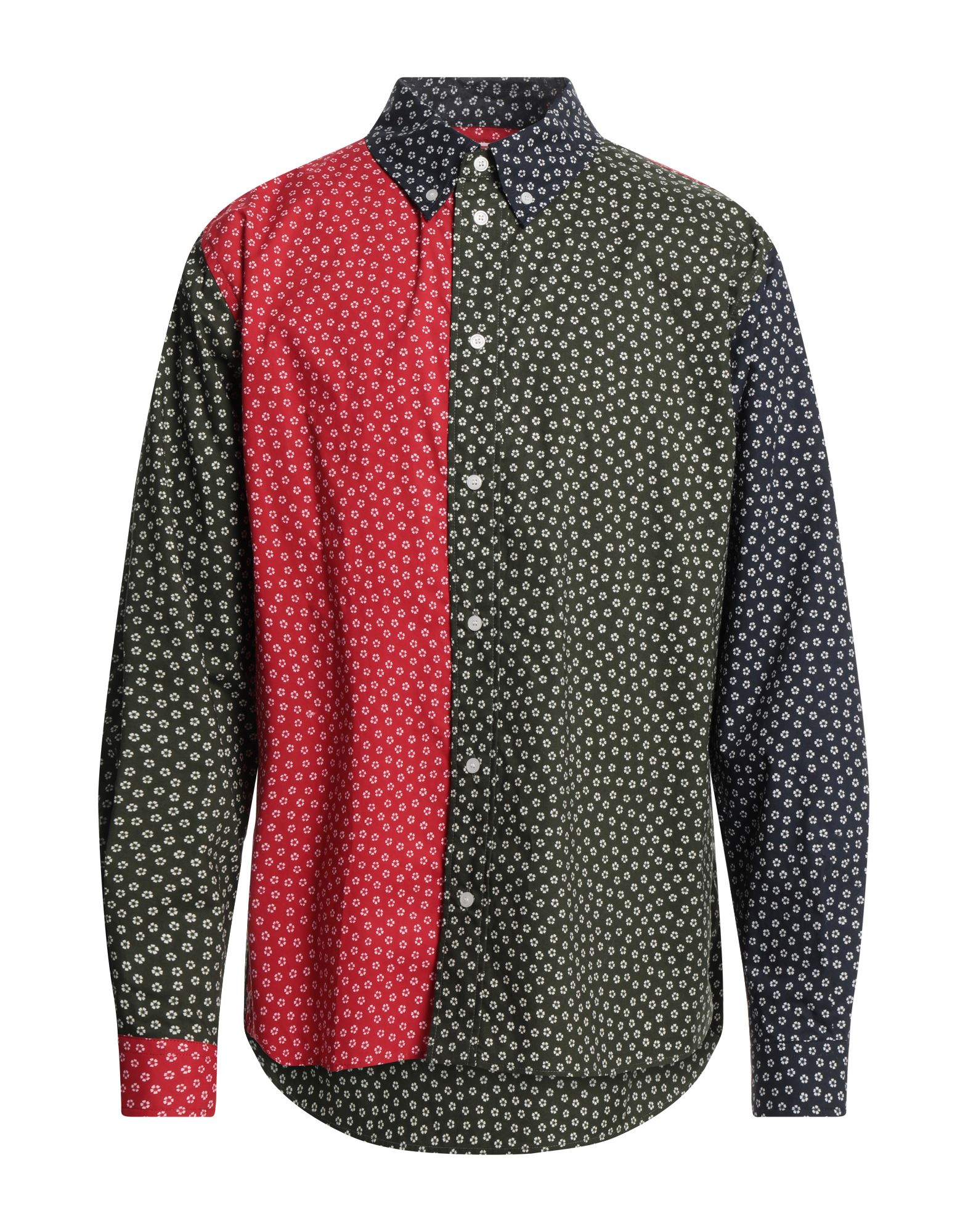 평직, 장식 부착 없음, 플로럴 모티브, 멀티컬러 패턴, 클래식 칼라, 롱 슬리브, 버튼 커프스, 버튼 여밈, 포켓 없음. 이미지