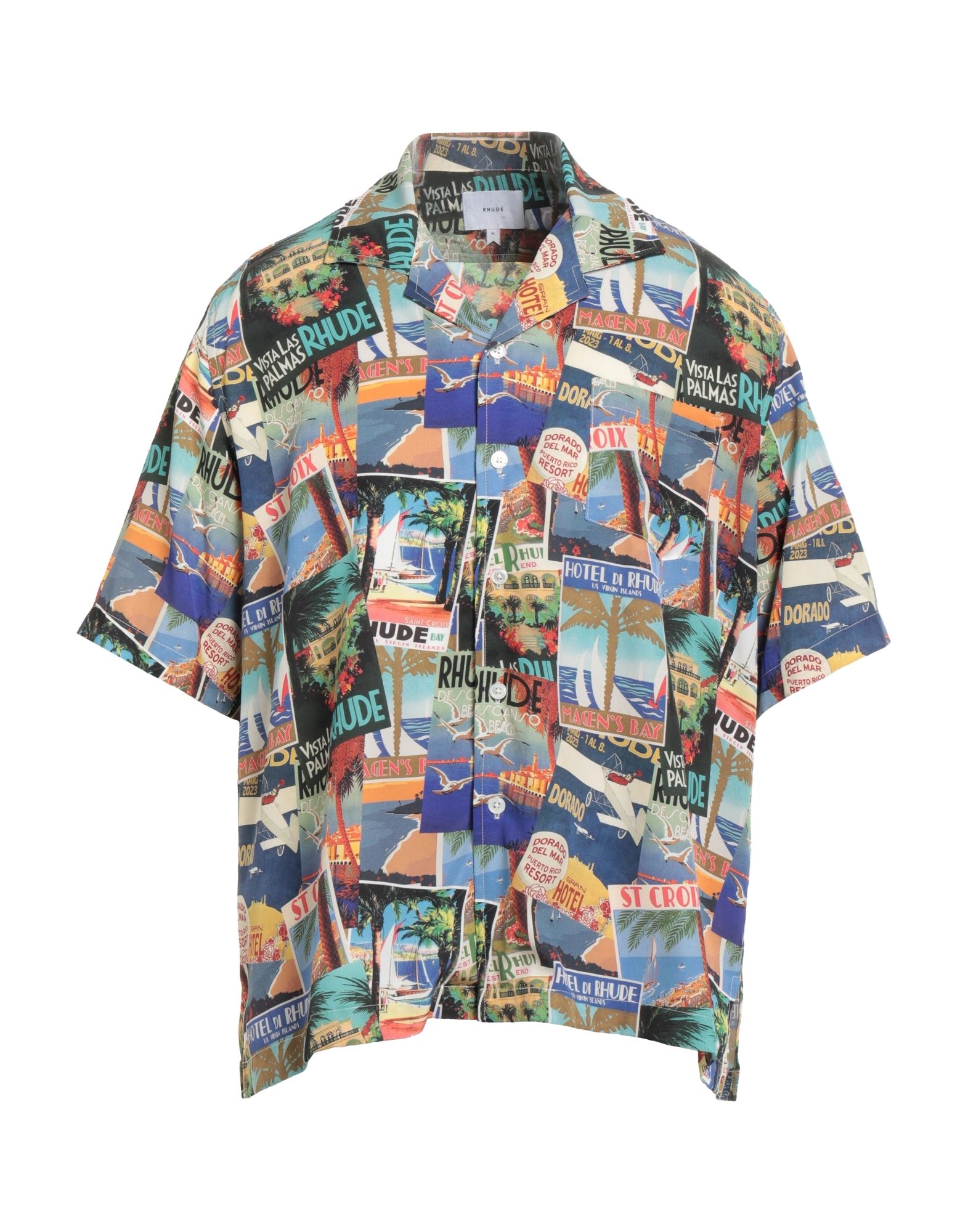 레귤러 셔츠, 트윌, 멀티컬러 패턴, 브랜드 로고, 클래식 칼라, 쇼트 슬리브, 버튼 여밈, 포켓 1개, 물세탁 불가, 표백 금지, 건조기 사용불가, 다림질 금지. 이미지