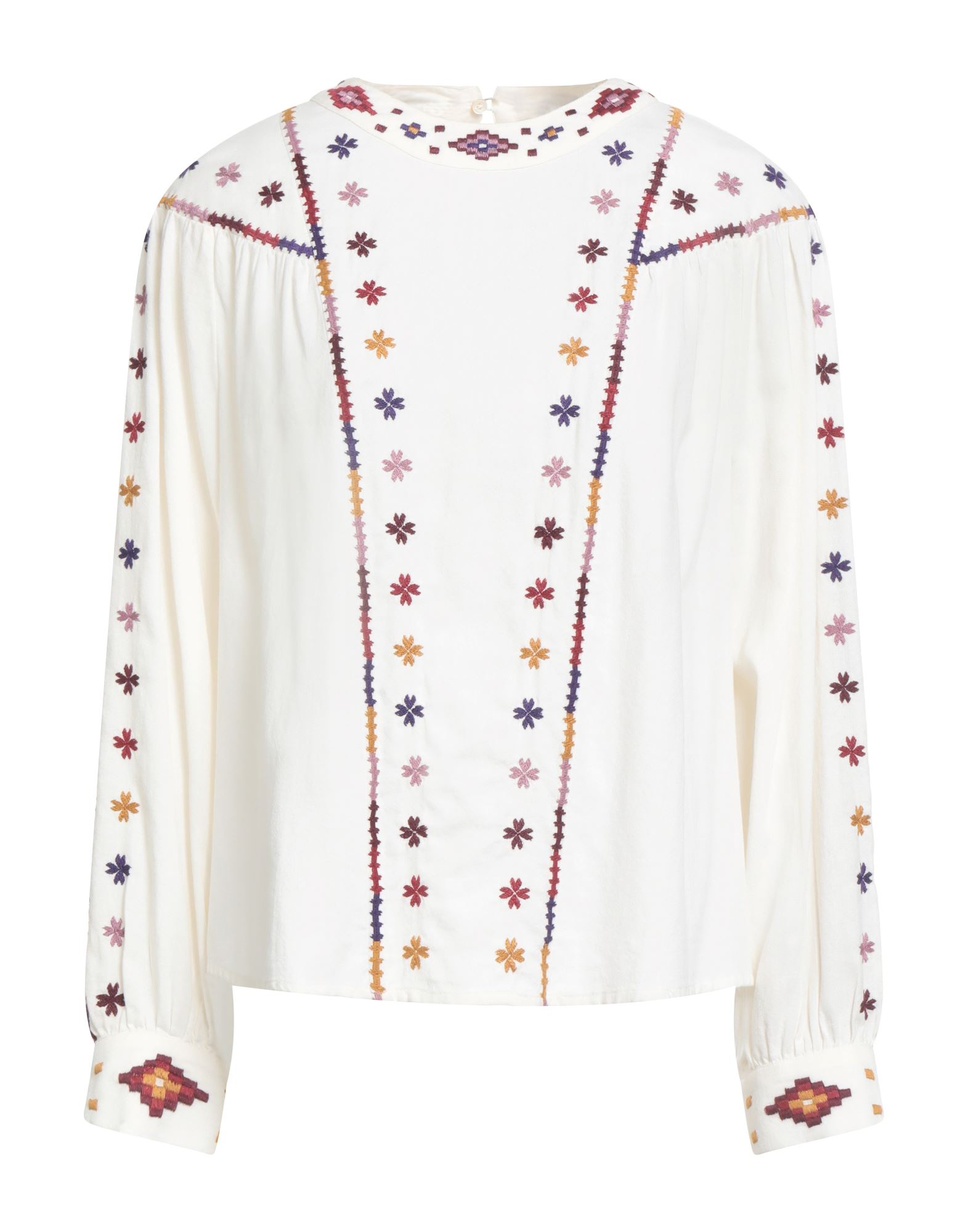 탑, 크레이프, 장식 디테일 솔리드 컬러, 자수 장식, 크루넥, 롱 슬리브, 동물성 비섬유 자재 함유, 세탁기로 세탁, 표백 금지, 건조기 사용가능. 이미지