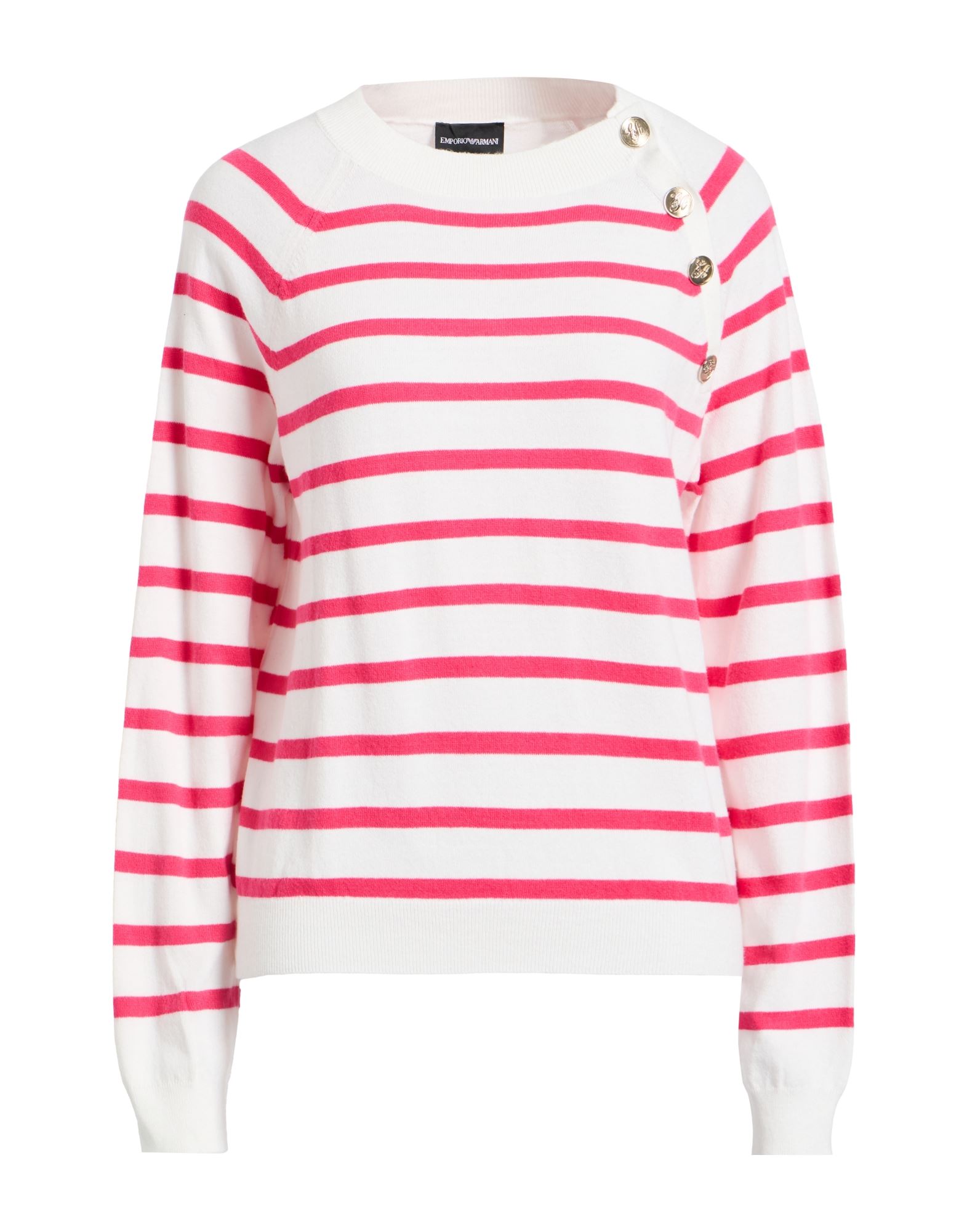 니트 소재, 라이트웨이트 니트, 스트라이프, 버튼 장식, 크루넥, 롱 슬리브, 손세탁 또는 드라이클리닝, 표백 금지, 건조기 사용불가. 이미지