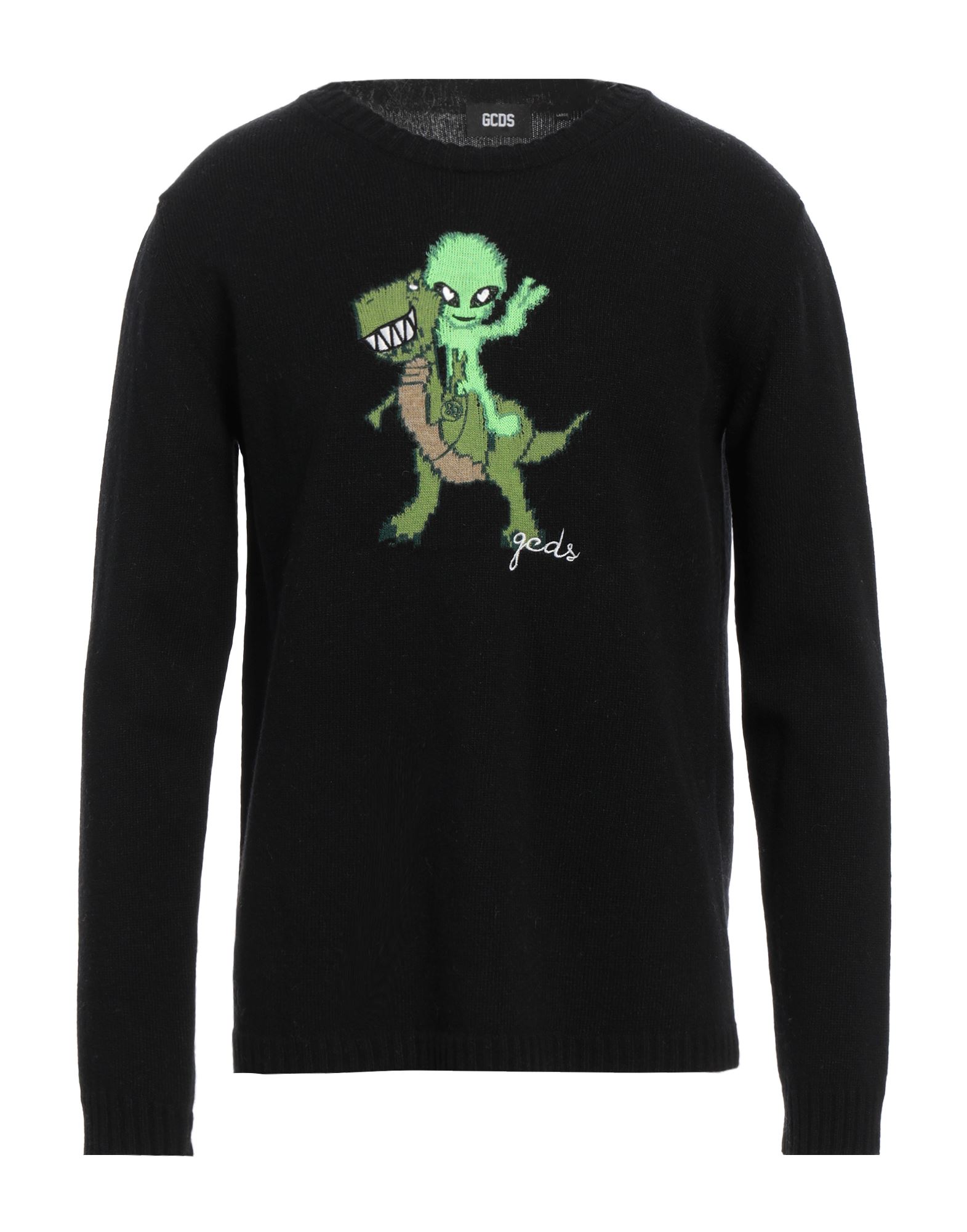 인타르시아 니트, 라이트웨이트 니트, 멀티컬러 패턴, 자수 로고 장식, 크루넥, 롱 슬리브, 손세탁, 표백 금지, 건조기 사용불가. 이미지