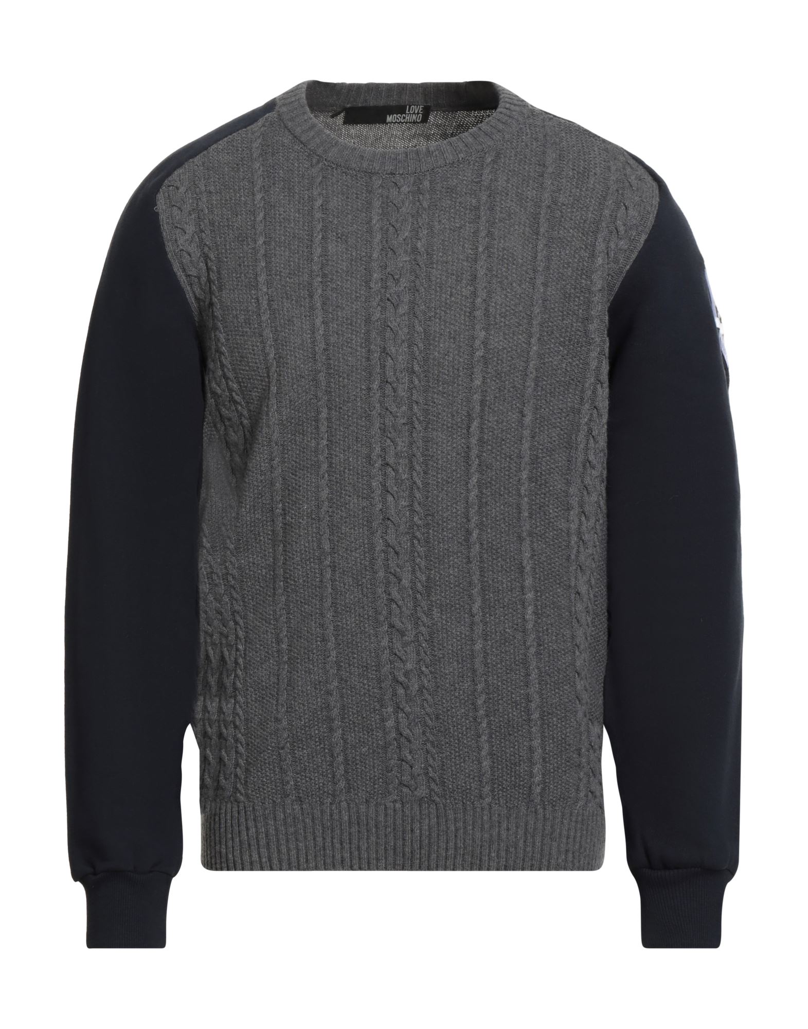 니트 소재, 플리스, 라이트웨이트 니트, 투톤 패턴, 자수 로고 장식, 크루넥, 롱 슬리브, 세탁기 세탁 또는 드라이클리닝, 표백 금지, 건조기 사용불가. 이미지